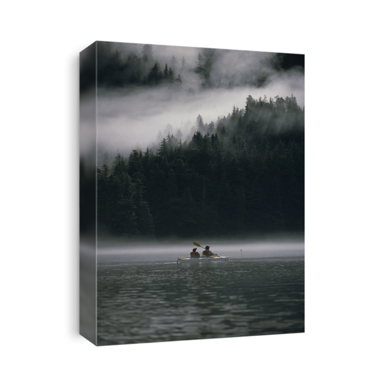 Couple Sea Kayaking In Red Bluff Bay W/Mist Rolling Off Baranof Isl Chatham Strait Southeast Alaska