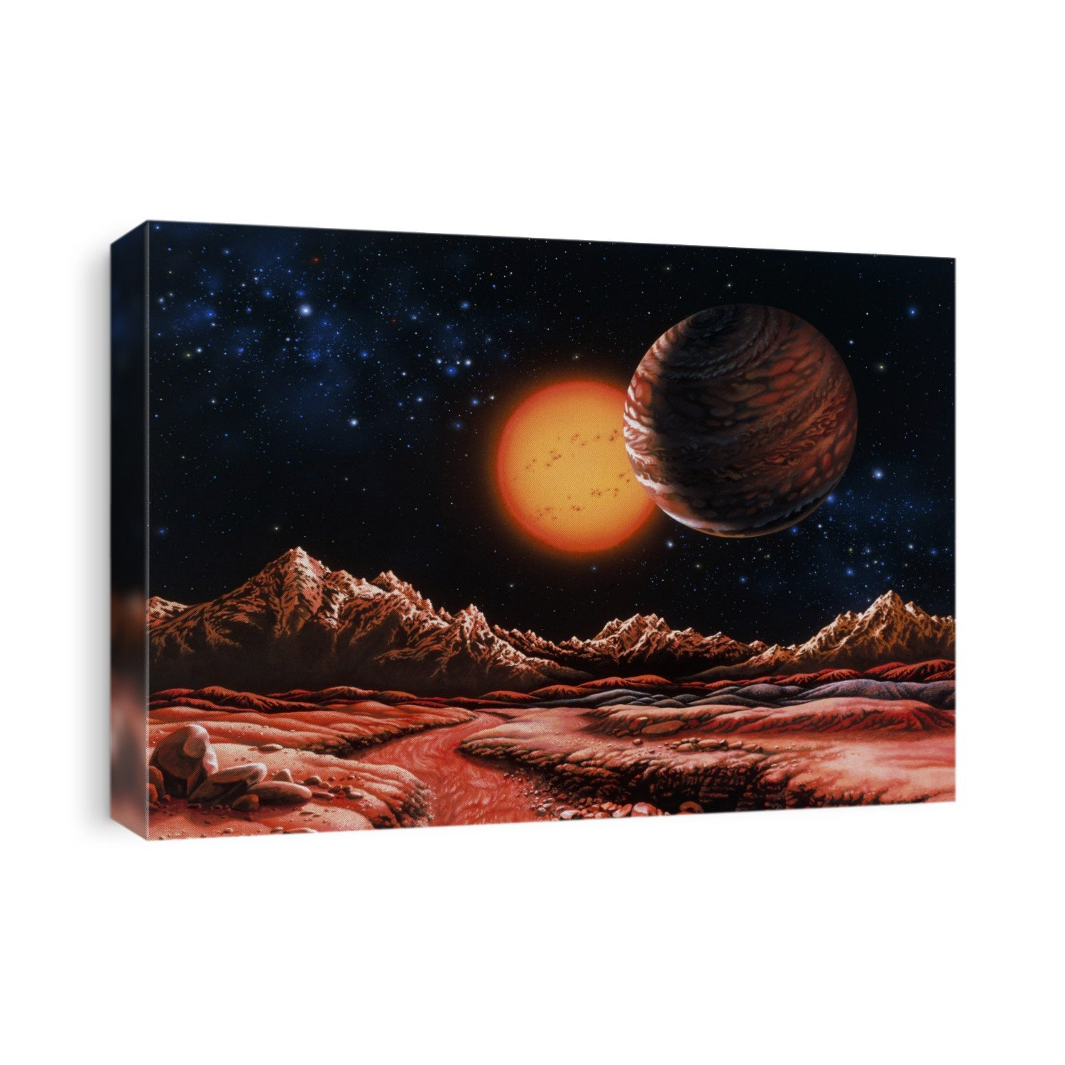 Gliese 876b planet. Artwork of the extrasolar planet Gliese 876b partially eclipsing its parent star Gliese 876, seen from a rocky moon. Gliese 876 is a red dwarf star with a mass about a third that of our Sun. It lies around 15 light years away in the constellation Aquarius. The presence of the Jupiter-like planet was inferred in 1998 after observing the star's wobble as it moved through space, caused by the orbiting planet. Gliese 876b completes an orbit in just under 61 days, at an average distance of some 30 million kilometres. It has a mass around twice that of Jupiter. In 1999, Gliese 876 is still the closest star to the Sun to have a planet found around it.