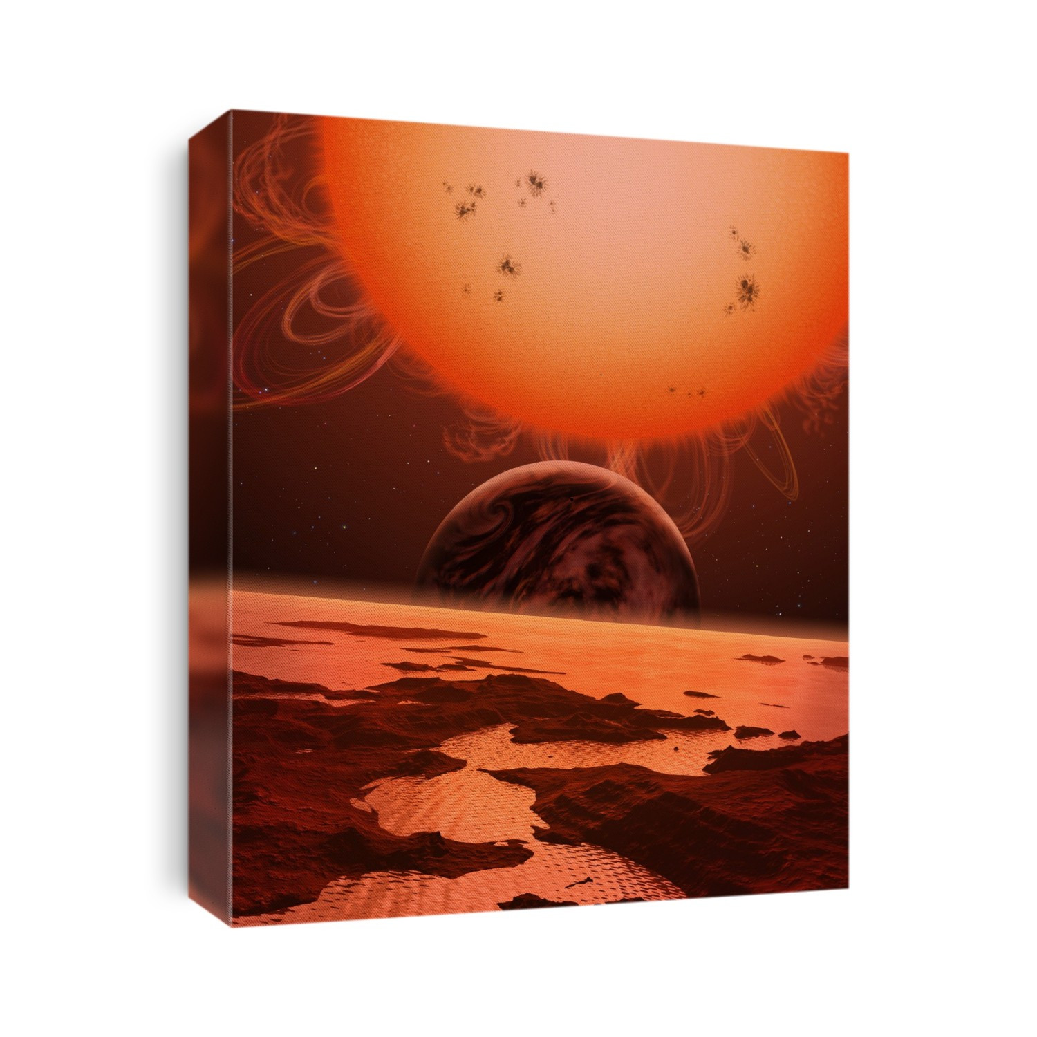 Future Europa, artwork. View from Europa (foreground) of Jupiter (centre) and the Sun (top) in the far distant future. The Sun has enlarged to become a red giant, bringing warmer temperatures to the outer solar system. Europa's ice has warmed into a liquid ocean, and Jupiter's weather patterns have become Earth-like. The Sun will enter the red giant stage of its evolution in around 5 billion years time. Europa, a moon of Jupiter, currently orbits at a distance from Jupiter of around 671,000 kilometres.