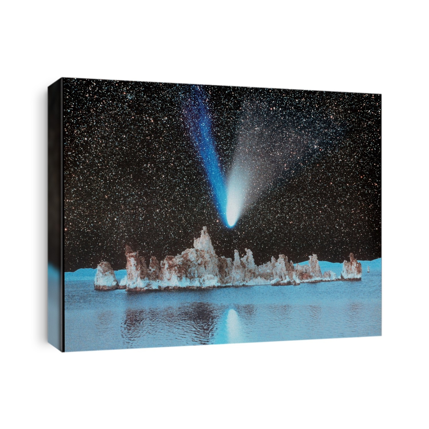 Comet Hale-Bopp. Composite image of comet Hale- Bopp seen over the tufa formations and Mono Lake. Both the gas and dust tails of comet Hale-Bopp are seen. The gas or "ion" tail (blue) consists of ionised glowing gas blown away from the comet head by the solar wind. The dust tail (white) consists of grains of dust pushed away from the comet head by the radiation of sunlight. A comet's tails always point away from the Sun and these tails may be millions of kilometres in length. Comet Hale- Bopp was discovered on 23 June 1995. Mono Lake is situated north of Mammoth Lakes in eastern California, USA. The tufas are mineral deposits left by springs and evaporation.
