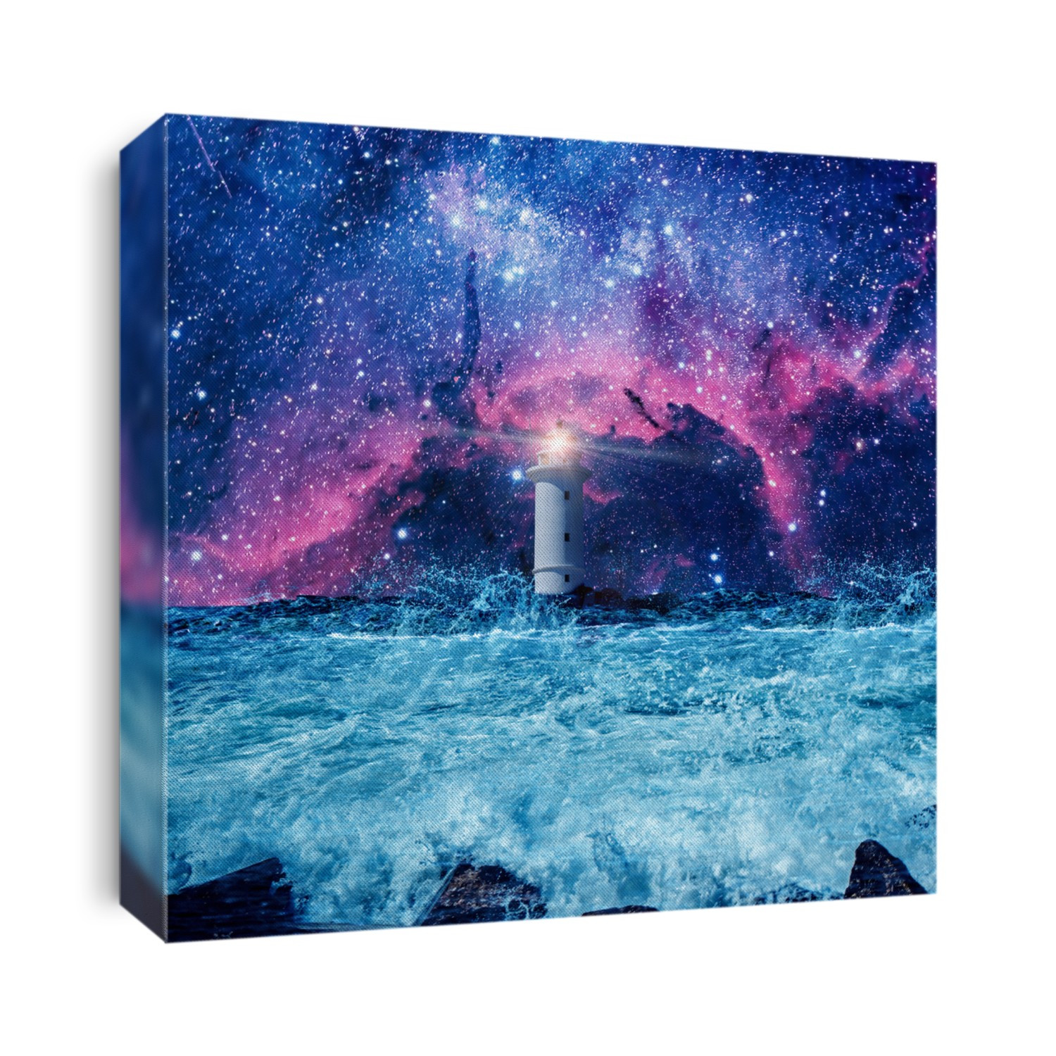 Lighthouse glowing and the strong waves