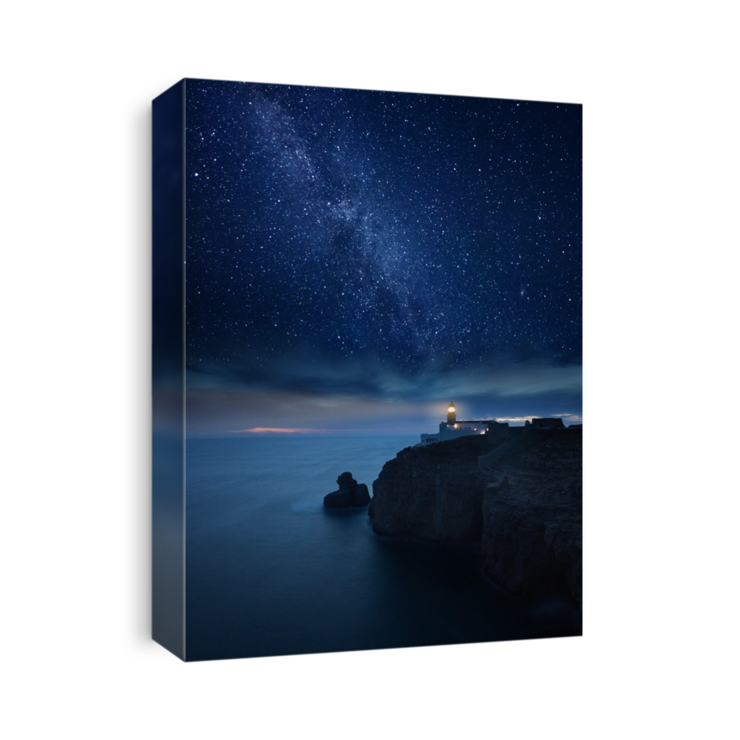 Lighthouse under starry night. Cape St. Vincent Lighthouse, Sagres, Algarve, Portugal.