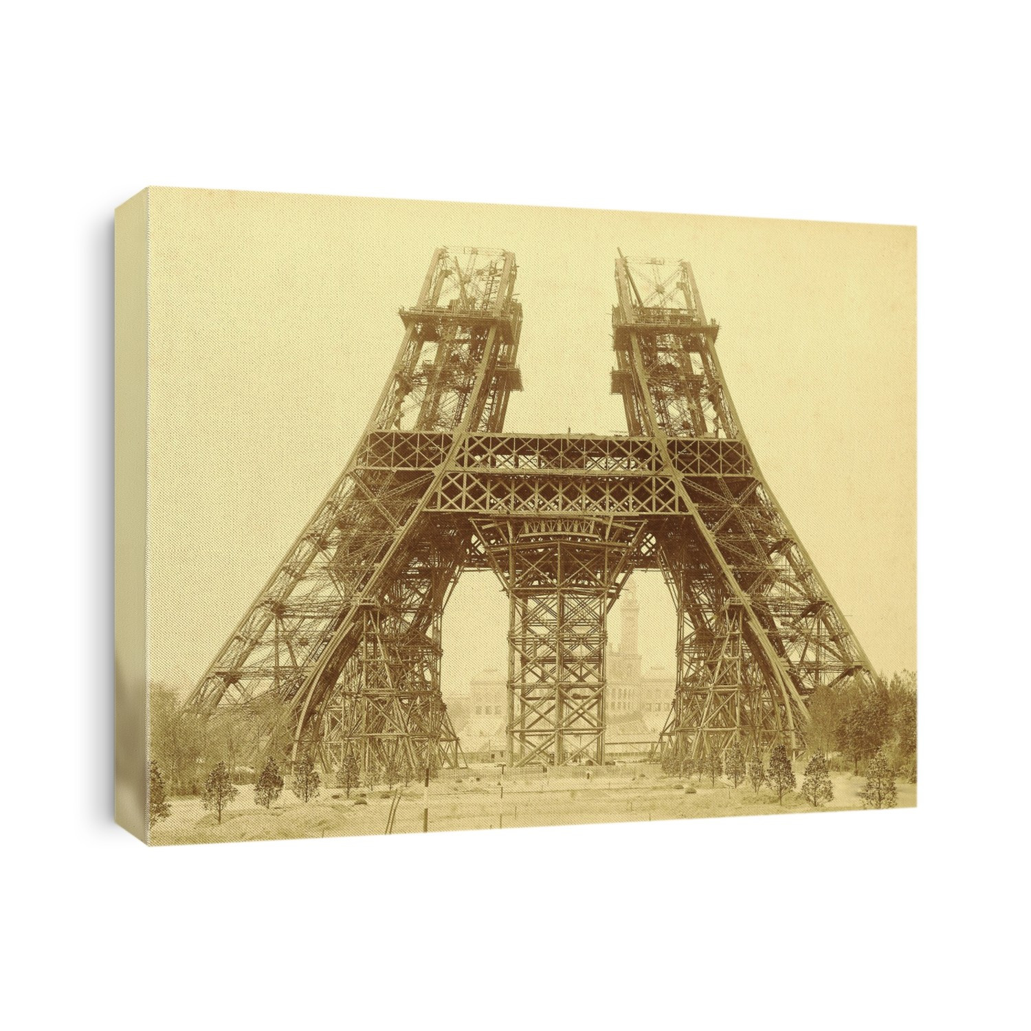 Eiffel Tower construction. Initial stages of the construction of the Eiffel Tower in Paris, France, showing the first level and the start of construction on the second level. This wrought iron tower, 324 metres tall, was built from 1887 as the entrance arch for the Universal Exposition (World Fair) of 1889. At the time, it was the tallest structure in the world. This stage of the construction is from 15 May 1888, with a central support structure still present (later removed). The tower is named after its designer the French engineer Gustave Eiffel. This albumen silver print is from a photograph by Louis-Emile Durandelle (1839-1917).