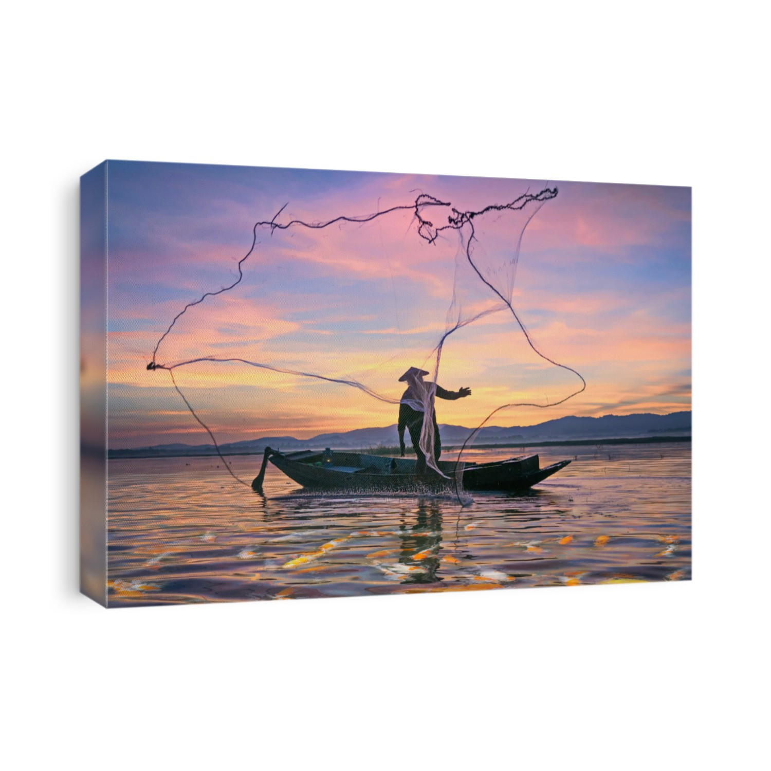Fishermen fishing in the early morning golden light.Fishermen on a fishing boat.Fishermen are casting nets.Sparkling water.
