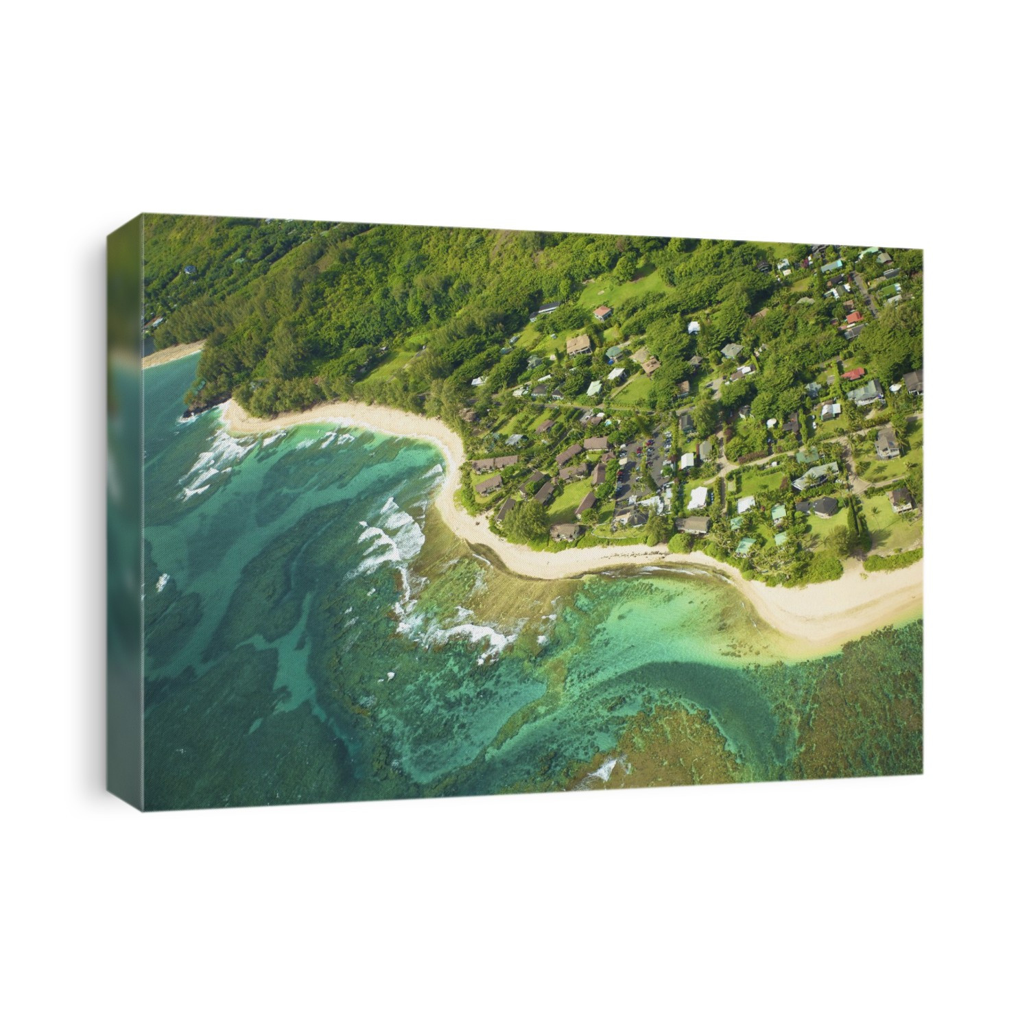 Aerial View Of Houses Along The Coast Of An Hawaiian Island; Na Pali Coast Of Kauai, Hawaii, United States Of America