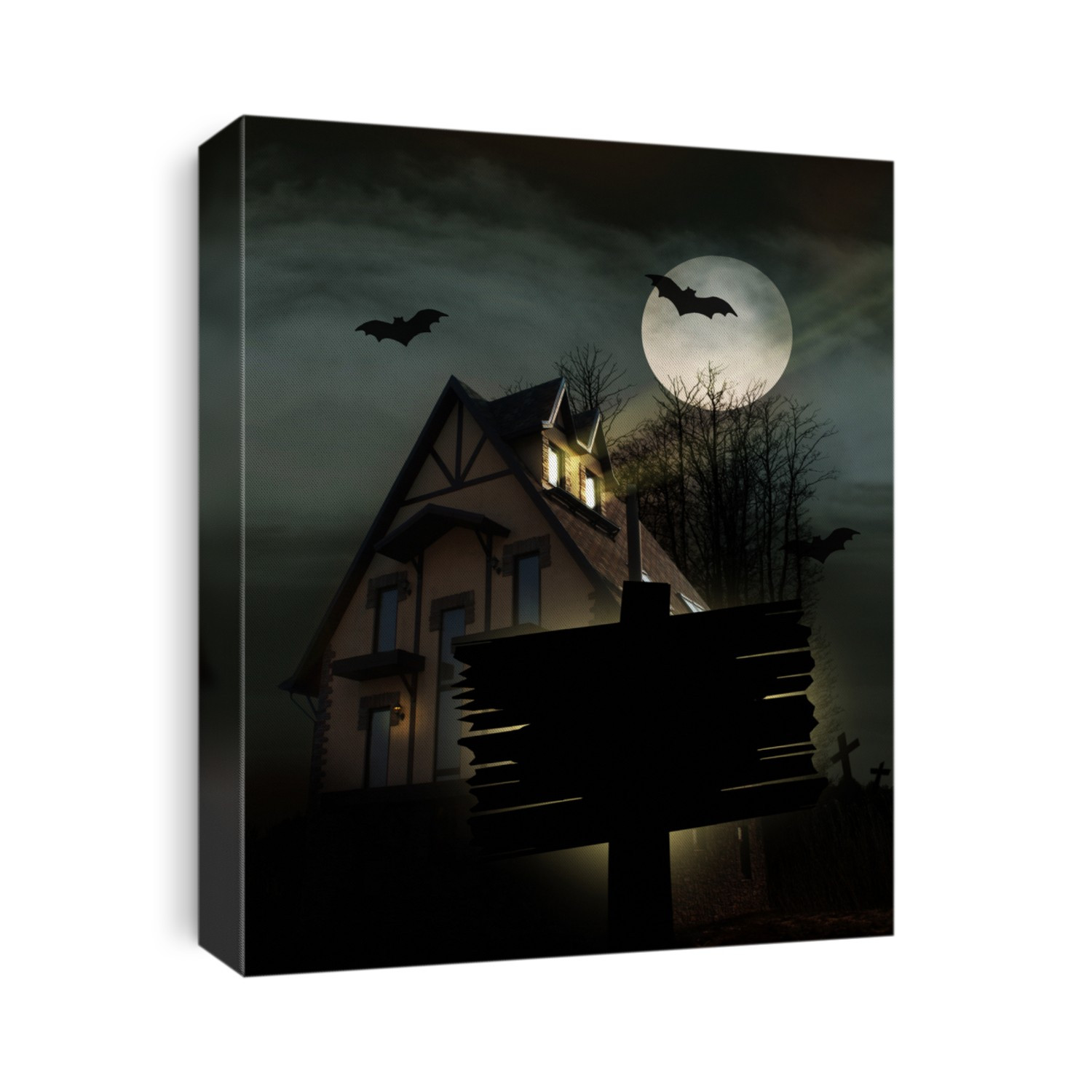 Scary place with house, trees and moon,halloween background.
