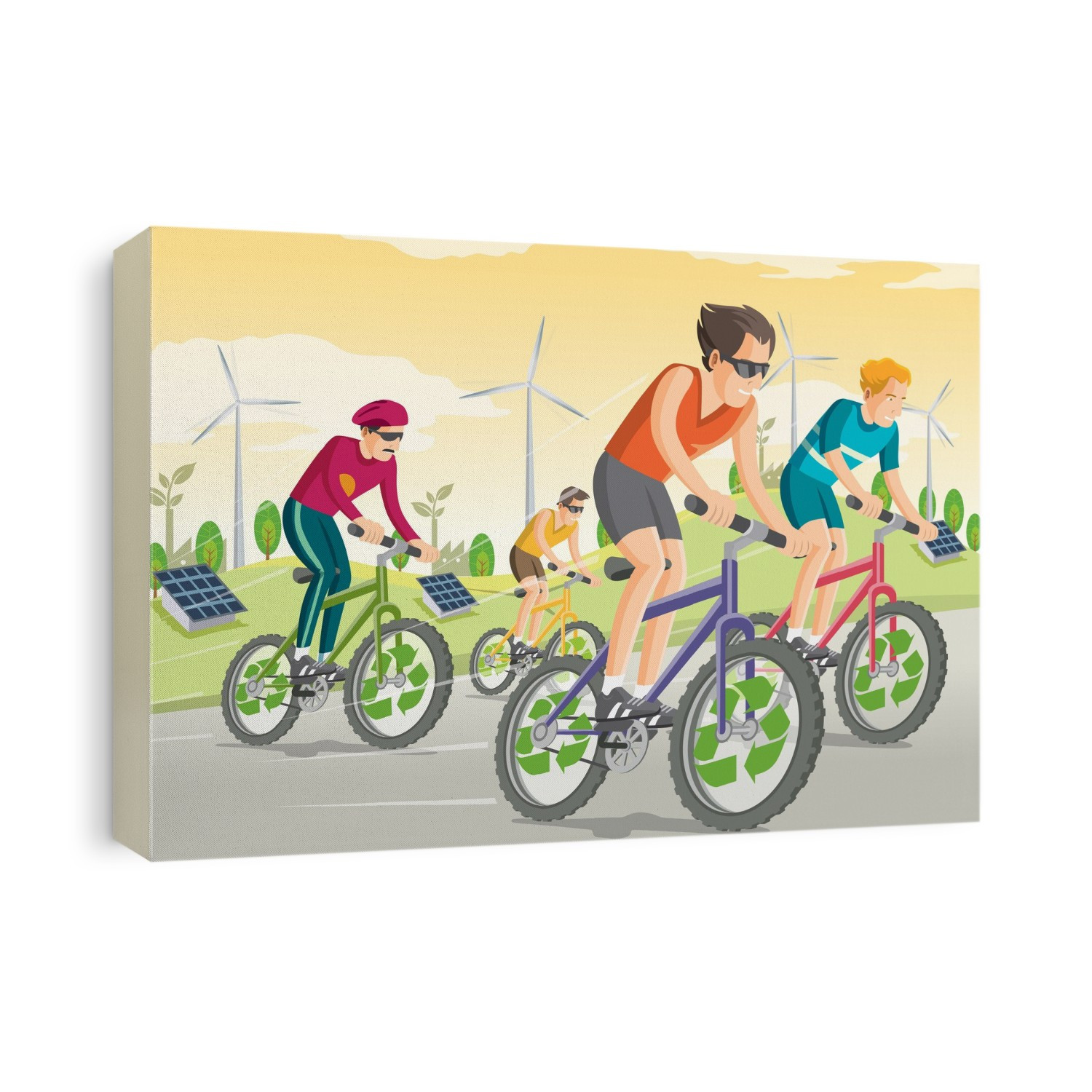 Illustration of people riding bikes on street with wind turbines and solar panels in the background representing go green concept.