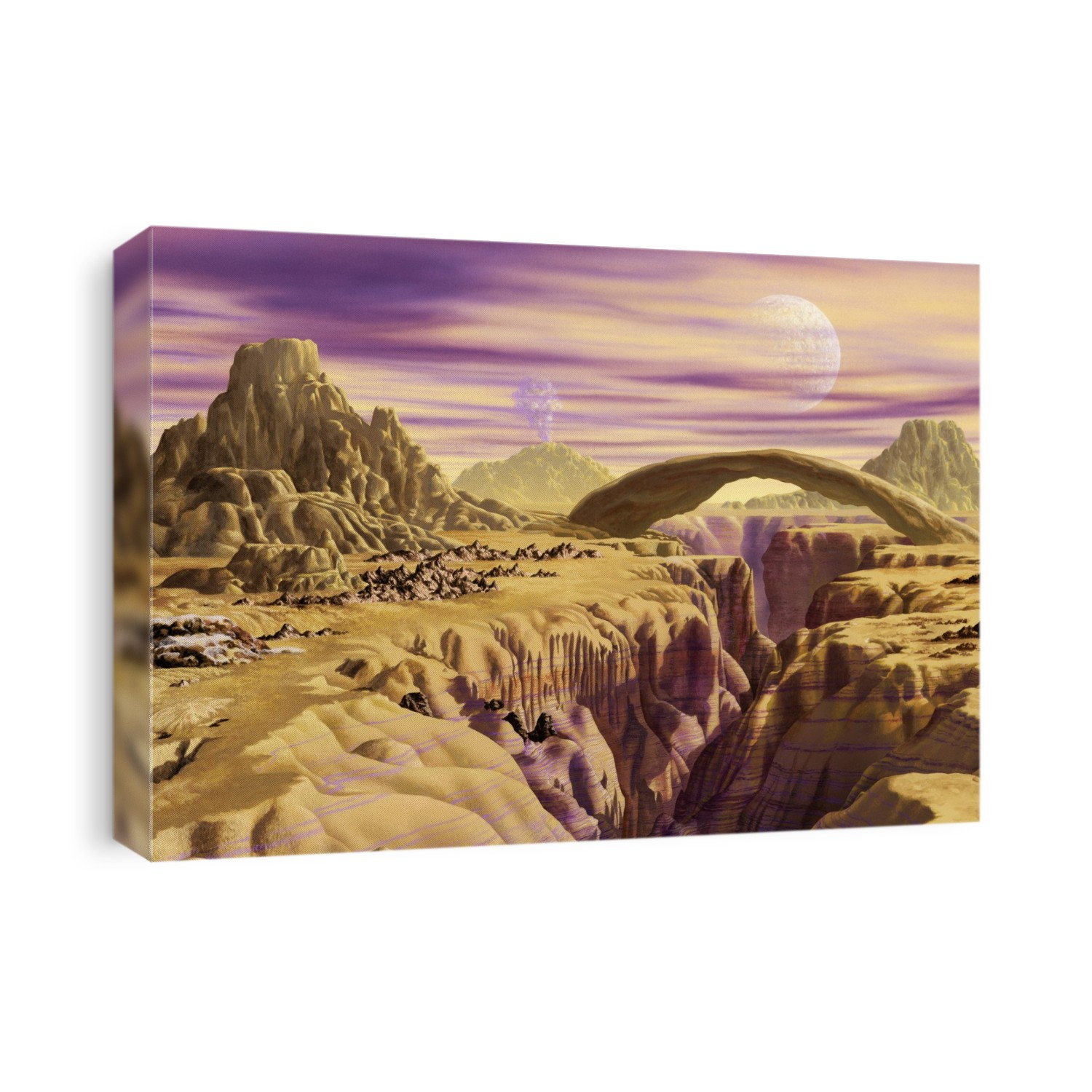 Alien planet. Artwork of the surface of a planet outside our solar system. To the left of the canyon, which has been formed by weathering and erosion, is a volcano. The volcano is venting iodine vapour into the atmosphere. In the sky is a cratered moon.