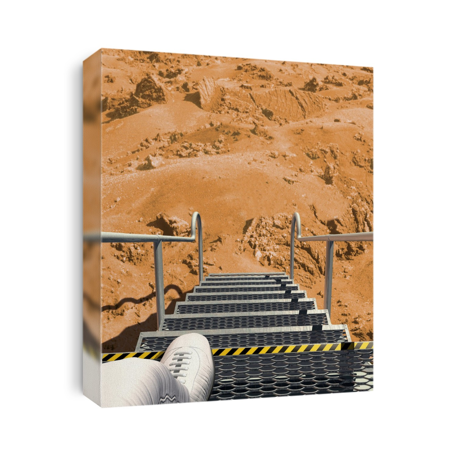Mars landing. Computer artwork of an astronaut stepping out of a spacecraft onto the surface of Mars.
