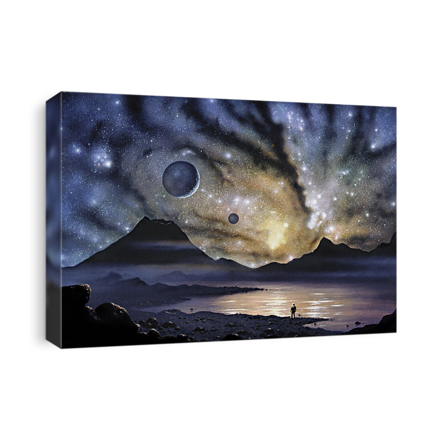 Antennae Galaxies. Artwork of the Antennae Galaxies as seen from a hypothetical nearby planet. An astronaut is seen by the shores of a sea looking at the scene. The Antennae Galaxies are two colliding galaxies (NGC 4038 and NGC 4039) which lie around 63 million light years from Earth. NGC 4038 is the galaxy seen here, with NGC 4039 below the horizon. The collision caused a massive burst of star formation in both galaxies, seen here as the extremely bright areas. Numerous dark lanes of dust are also seen crossing the galaxy.
