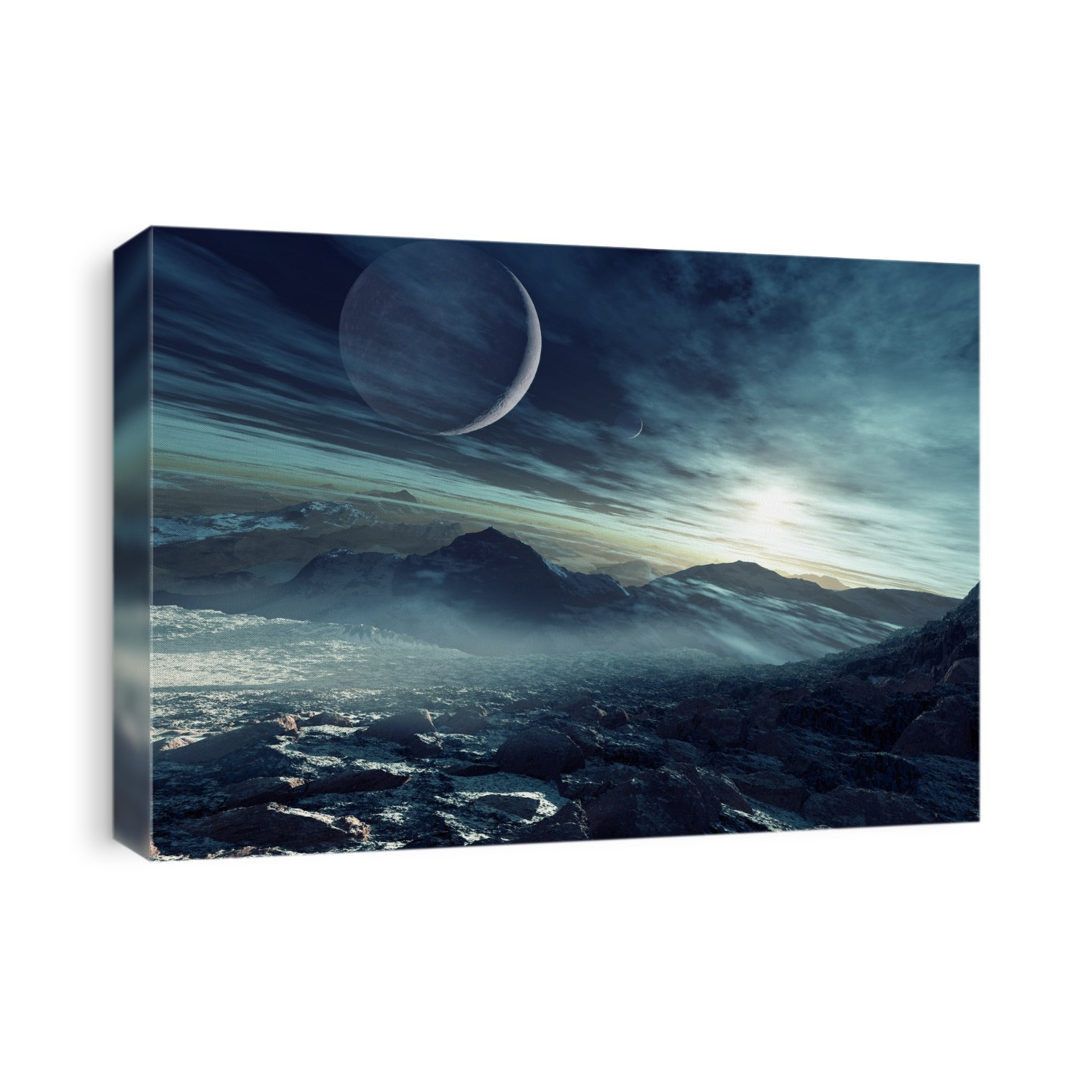 Alien landscape and moons. Artwork of the view from an alien planet, with two moons in the sky. Such extrasolar planets are detected by a variety of methods. Exoplanets so far discovered range from very large gas giant planets to rocky planets of various sizes, some thought to be like Earth. Here, the parent star is shining through clouds at centre right. These clouds, and mist and ice on the mountains, indicate the presence of liquid water on an Earth-like world.