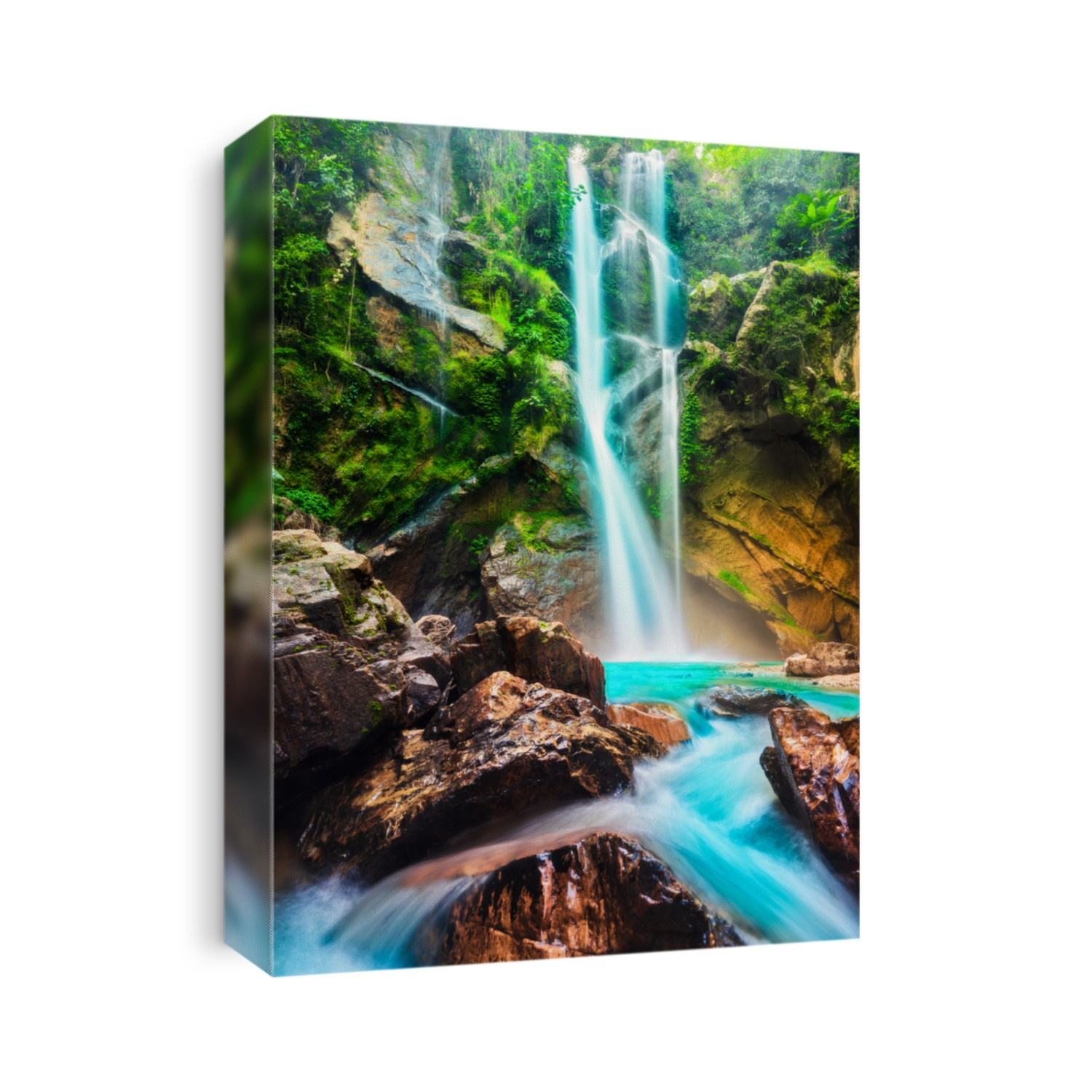 Waterfall rock in tropical forest. Tropical forest waterfall. Waterfall pool in forest. Forest waterfall view
