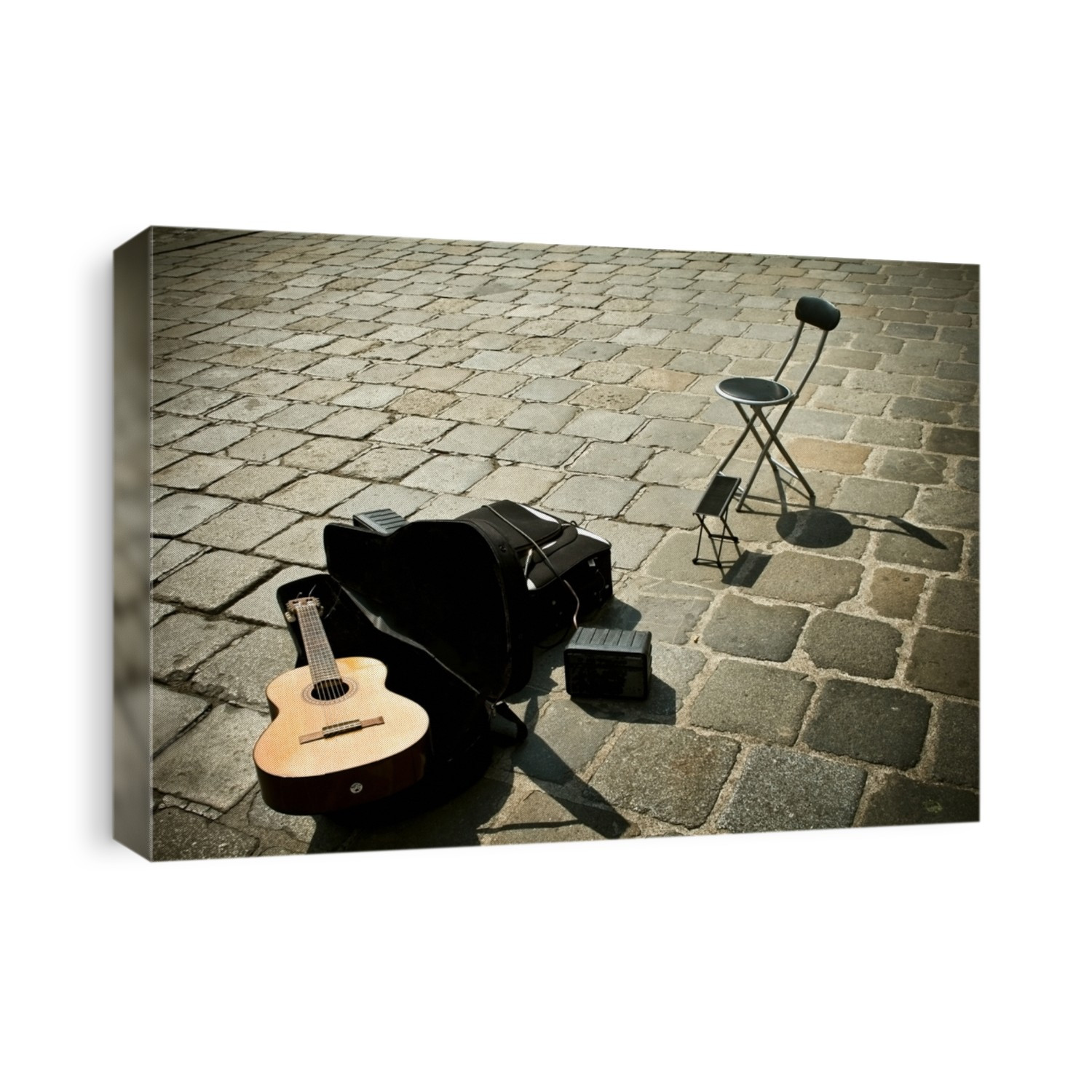 Street music concept. Looking for a guitarist. Guitar and empty chair
