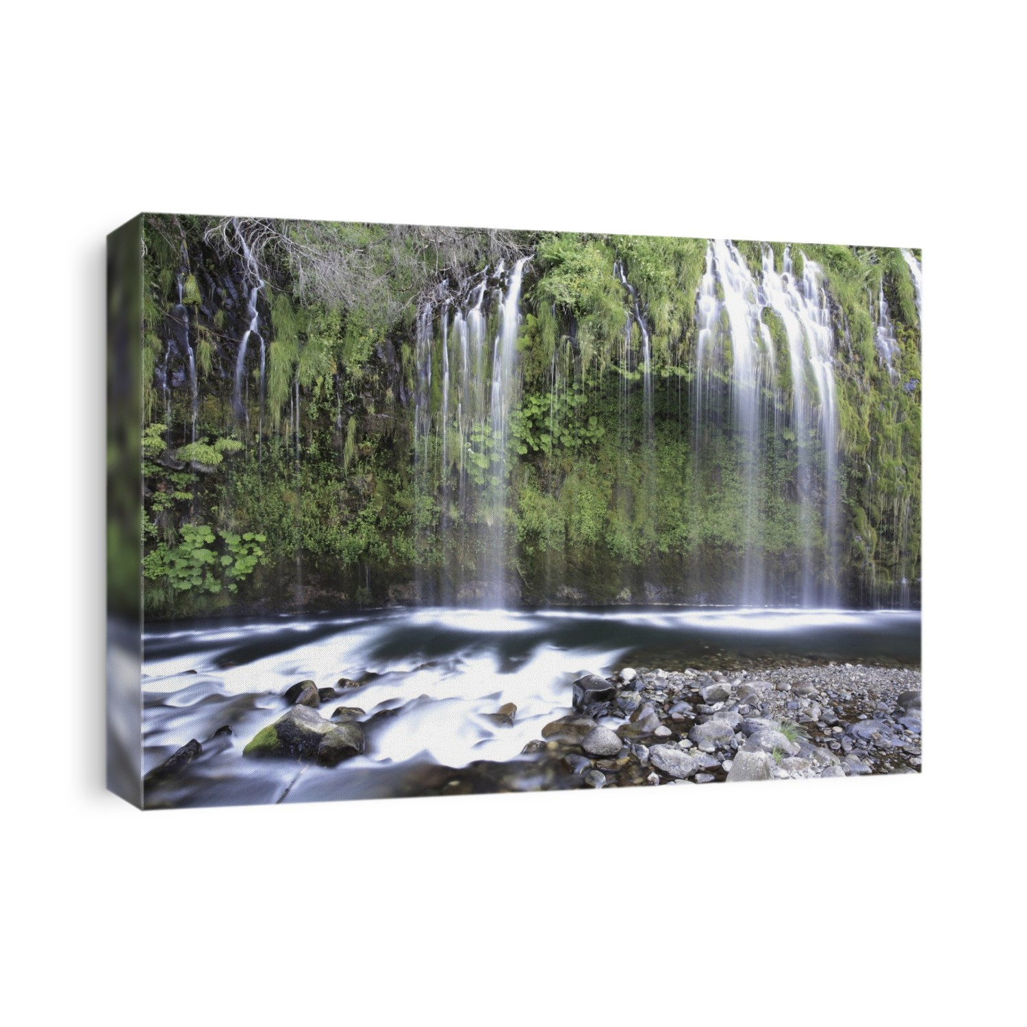Mossbrae Falls. Time-exposure photograph of Mossbrae Falls, known as one of the most scenic waterfalls in California. They are 150 feet (45 metres) wide and fall 50 feet (15 metres) directly into the young Sacramento River. Photographed next to Dunsmuir in the Cascade Ranges, USA.