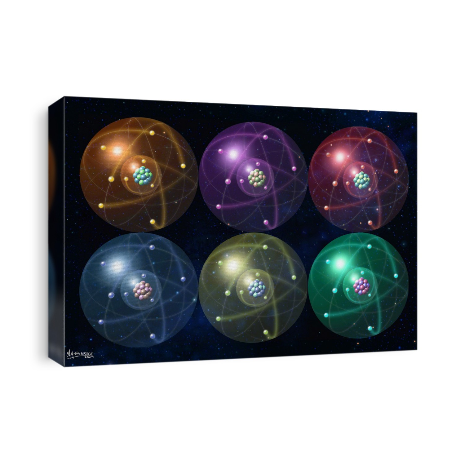 Atomic structure. Computer illustration of six atoms on a starfield. This is the traditional way atomic structure is depicted, showing electrons orbiting in paths around a central nucleus. This image is highly schematic. It is now thought that electrons inhabit a "cloud of probability" rather than moving in well-defined orbital paths.