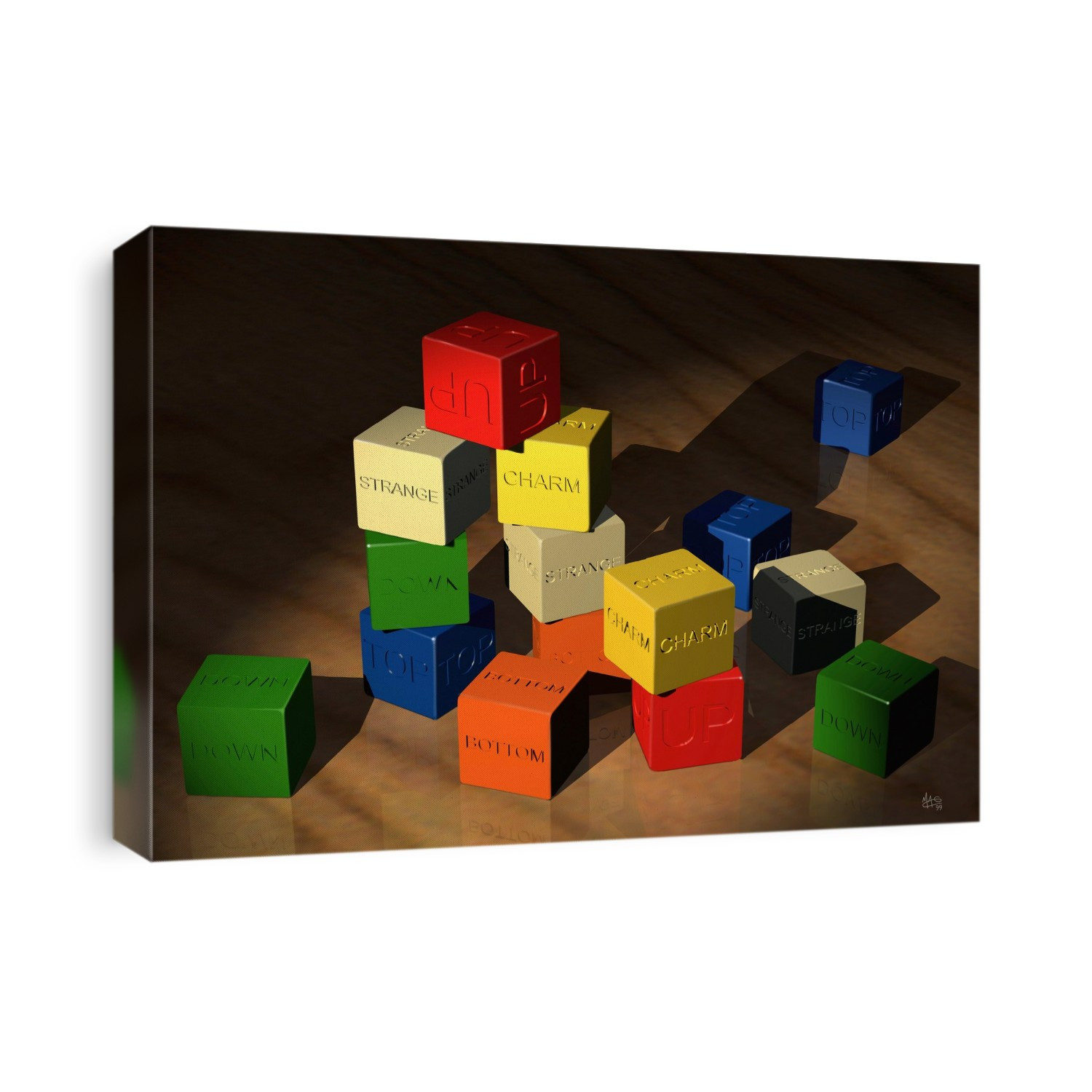Quarks. Conceptual computer illustration showing quarks as building blocks. Quarks are sub- atomic particles which make up the larger particles such as the baryons and mesons. Quarks are divided into six flavours: up (red), down (green), top (blue), bottom (orange), strange (white) and charm (yellow). A proton (an example of a baryon) is made up of three quarks (two up's and one down) held together by other particles known as gluons.