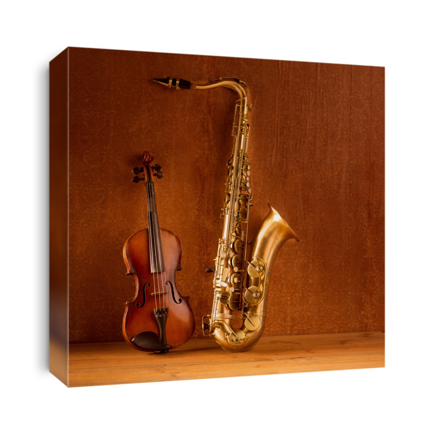 Classic music Sax tenor saxophone violin  in vintage wood background