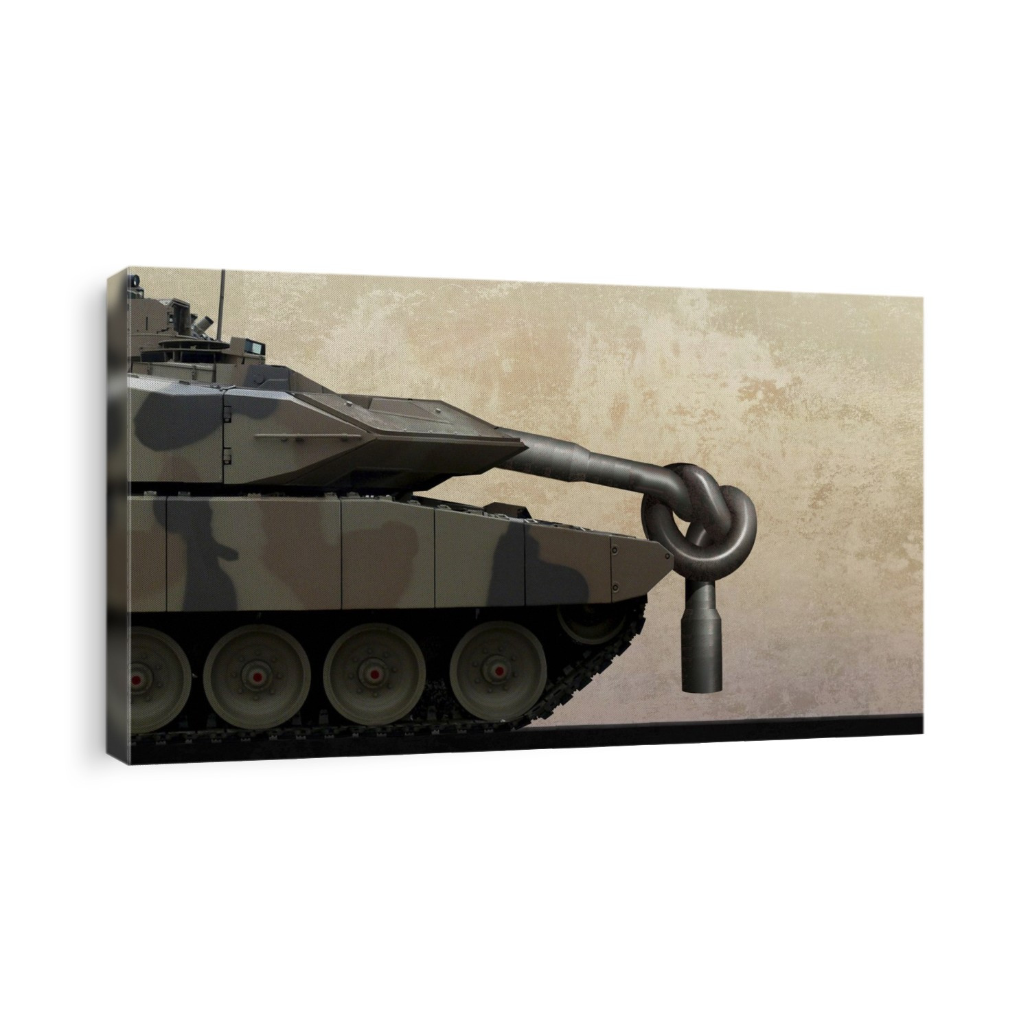 Military disarmament. Conceptual image of a tank with its gun barrel twisted into a knot, representing the destruction of military weapons as part of disarmament treaties.