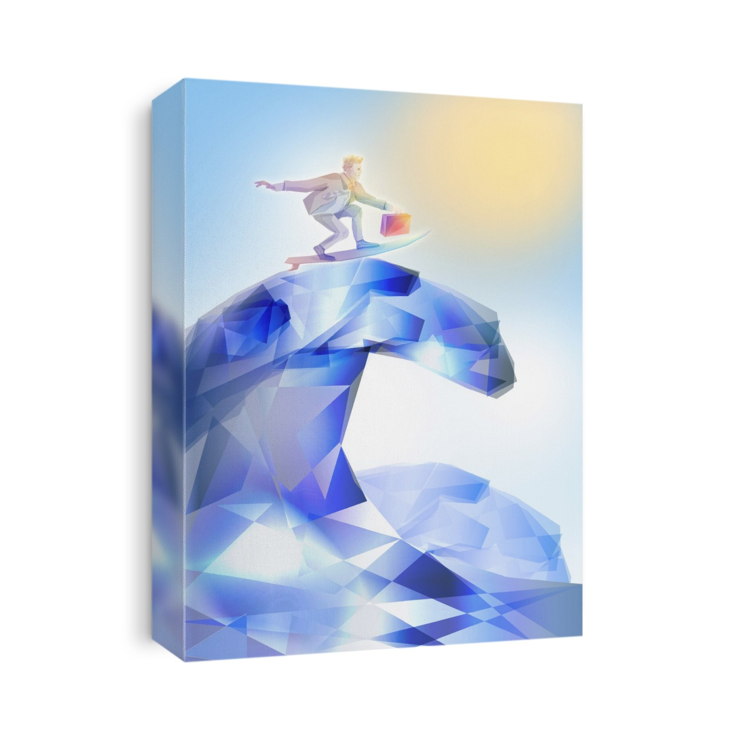 Illustration of businessman surfing represents conquering adversity.