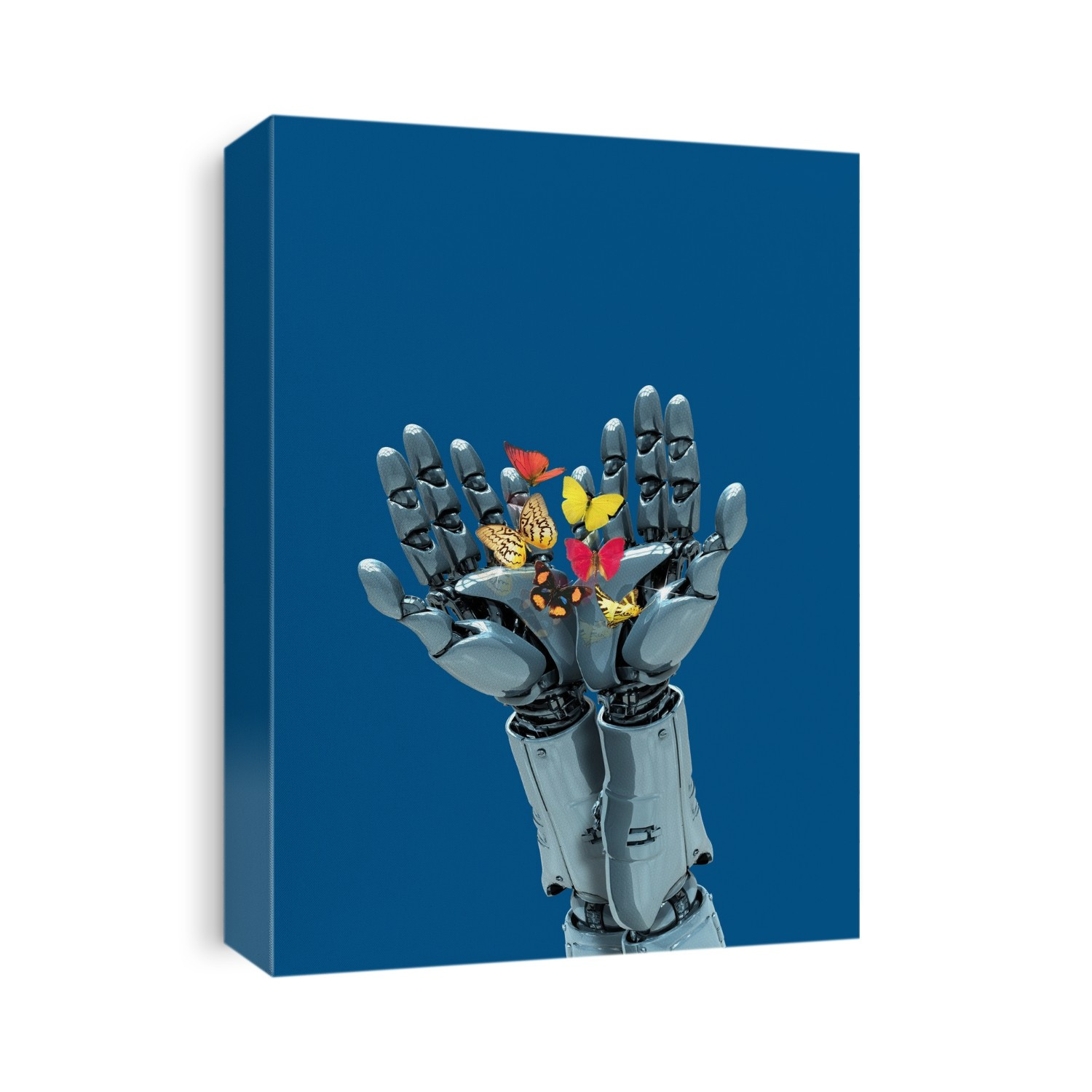 Robotic hands holding butterflies, illustration.
