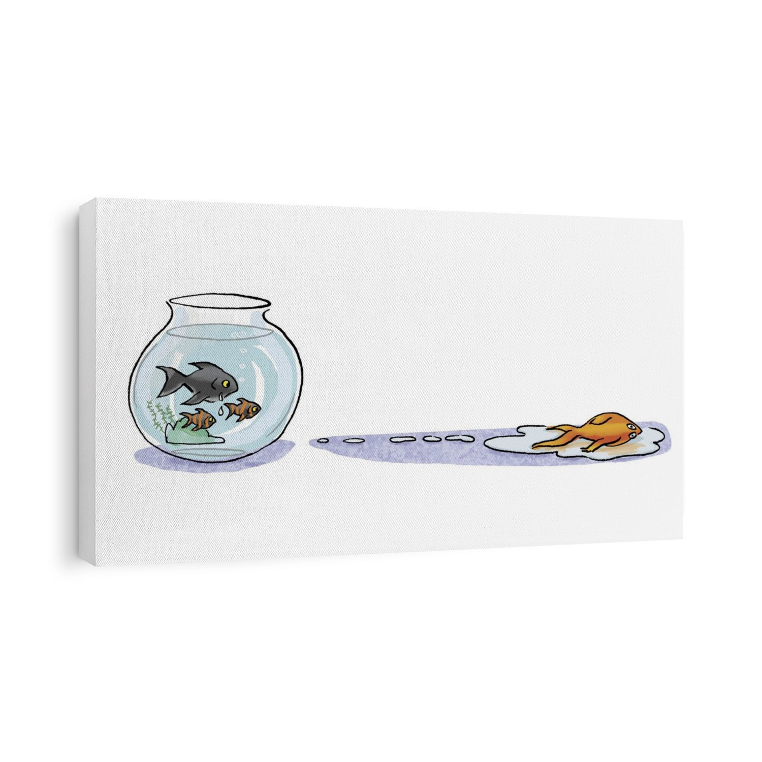 Fish out of water. Artwork of a dead or dying fish that has jumped out of a fish bowl being observed by other fish. Fish jumping out of their bowl or tank is fairly common behaviour. It may be prompted by changes in water temperature or pH levels.