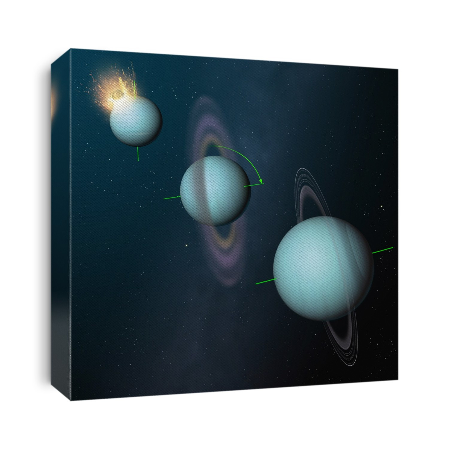 Illustration showing how Uranus might have got its axial tilt. Uranus is odd in that it orbits the Sun tipped on its side. How it got like this is not known for sure, but a possibility is that, during the early Solar System, when the planets were still forming, the young Uranus was struck by a large protoplanet. The impact tipped the world on its side and, in the process, created the debris that formed the ring system.