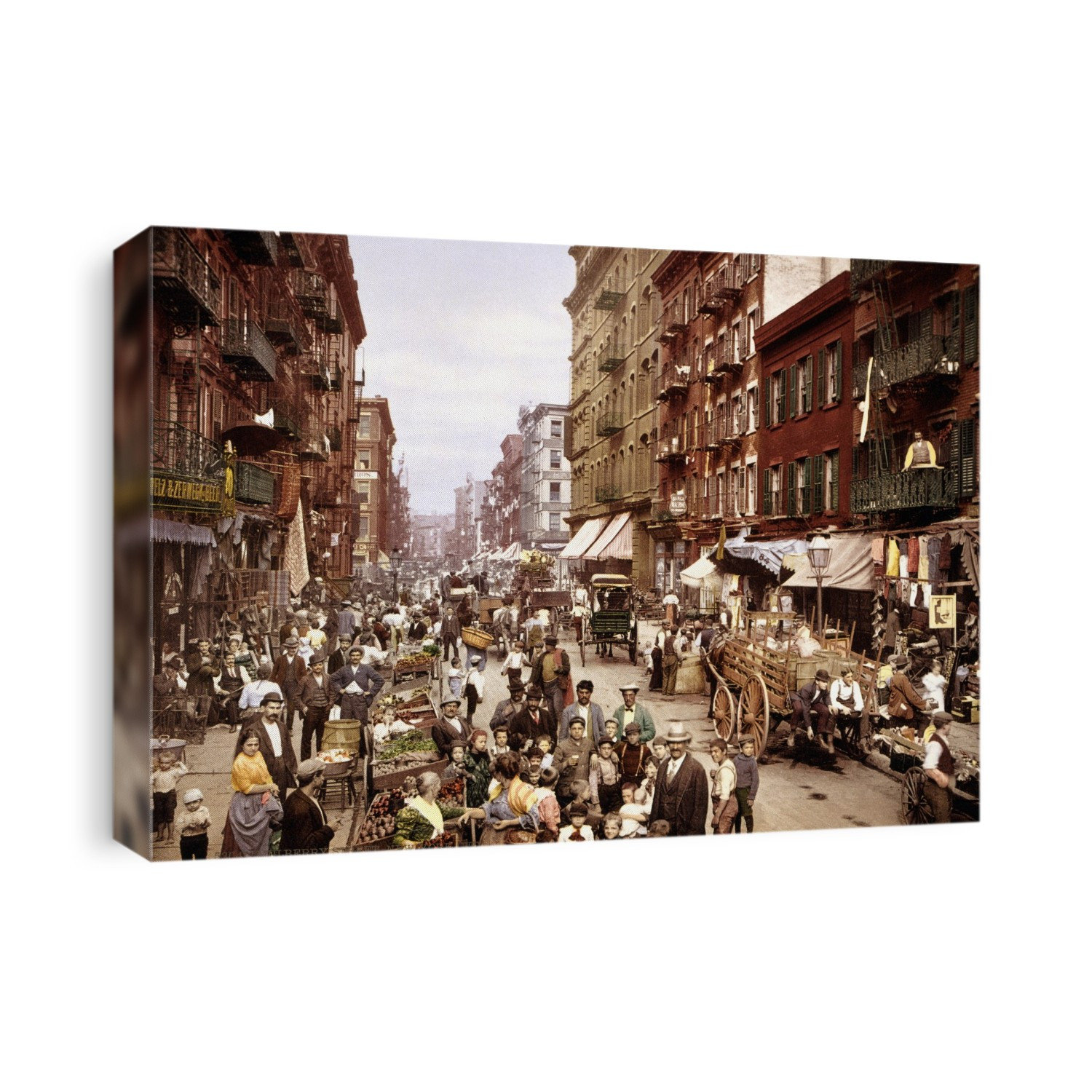 Mulberry Street. Early 20th-century photochrom (photographic lithograph) of residents and traders in Mulberry Street, New York, in around 1900. This street is part of Lower Manhattan, passing through the area known as Little Italy. It was a crowded area, with tall tenement buildings and trading stalls. A large proportion of the population were Italian immigrants. The view here (with 84 Mulberry Street at right) looks north towards the intersection with Canal Street from a point just north of Mulberry Bend. At centre right is the Banca Malzone. This photochrom is from the Detroit Publishing Company.