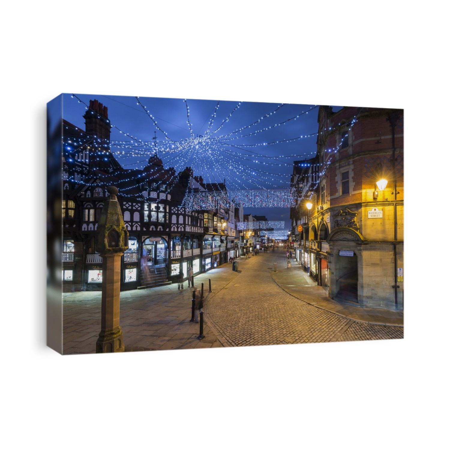 Christmas decorations on Eastgate Street at night.