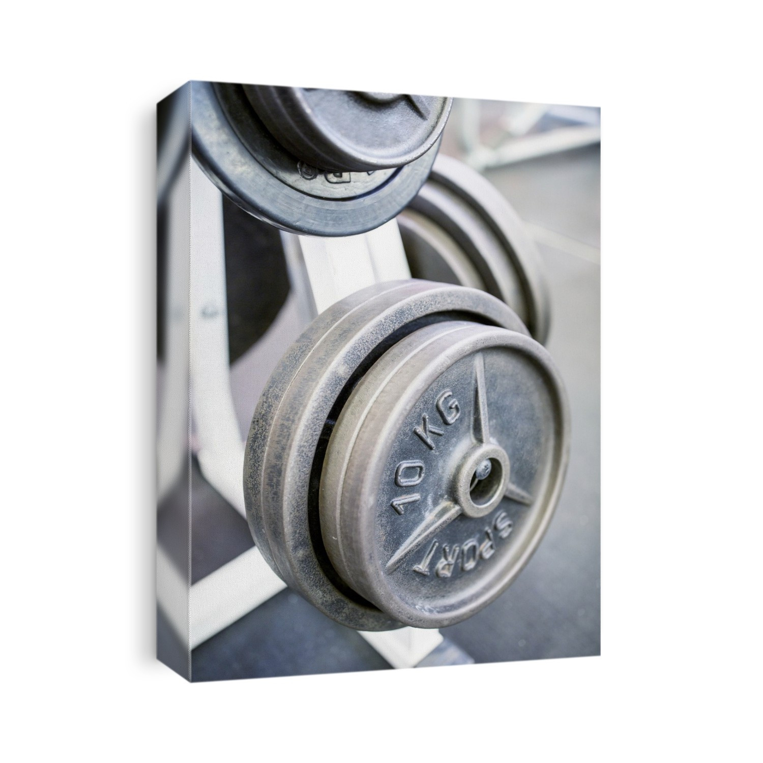 Close-up of weight plates arranged on weight rack.