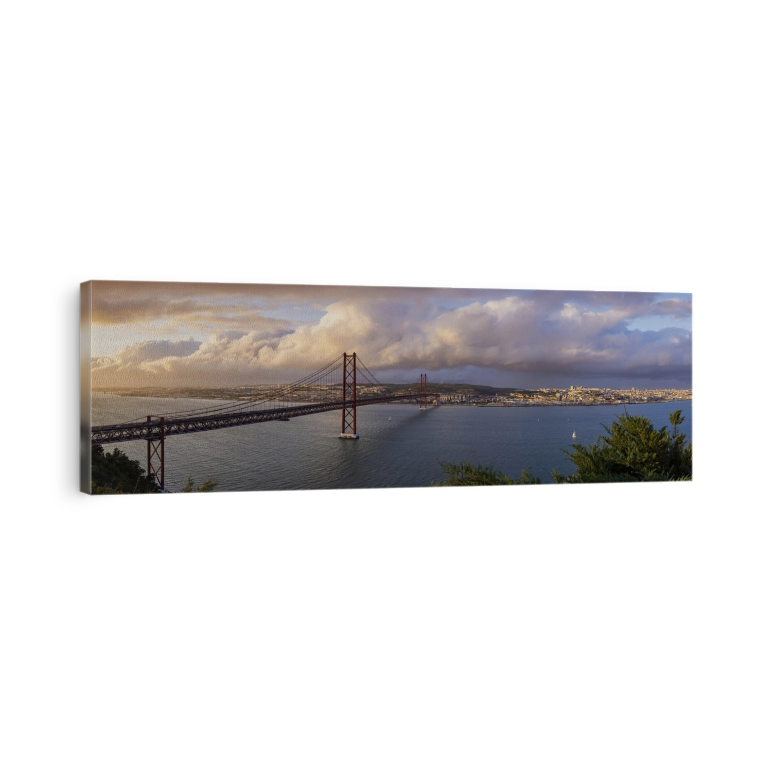 Panoramic view of 25 de Abril Bridge at sunset and cityscape of Lisbon; Lisbon, Portugal