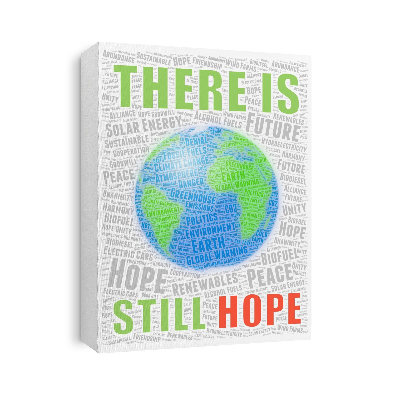 Illustration in the form of a word cloud, depicting global warming. Words related to global warming (e.g. environment, politics, sea levels etc) form the globe of the Earth. Meanwhile, surrounding this is a background in grey made up of more optimistic words, like hope, sustainable, biofuels, solar energy, etc.