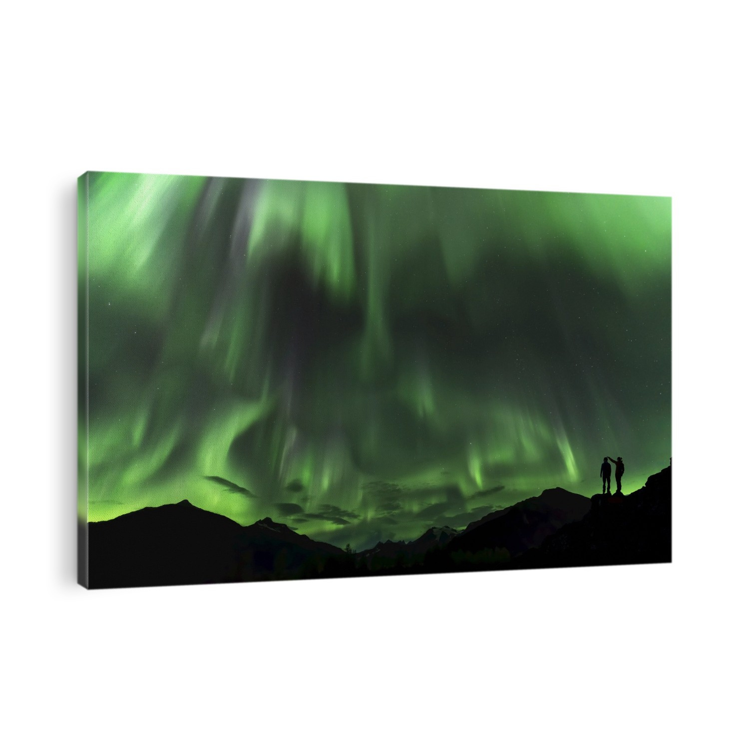 Silhouetted people and mountains with a green glowing Northern Lights display; Alaska, United States of America