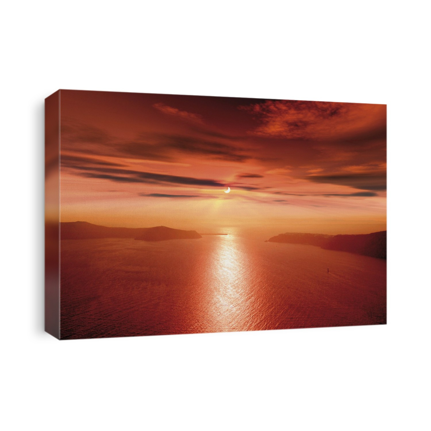Partial solar eclipse. View across a bay towards the Sun shining over the horizon during a partial solar eclipse. Solar eclipses occur when the Moon passes between the Sun and the Earth and fully or partially blocks the Sun.