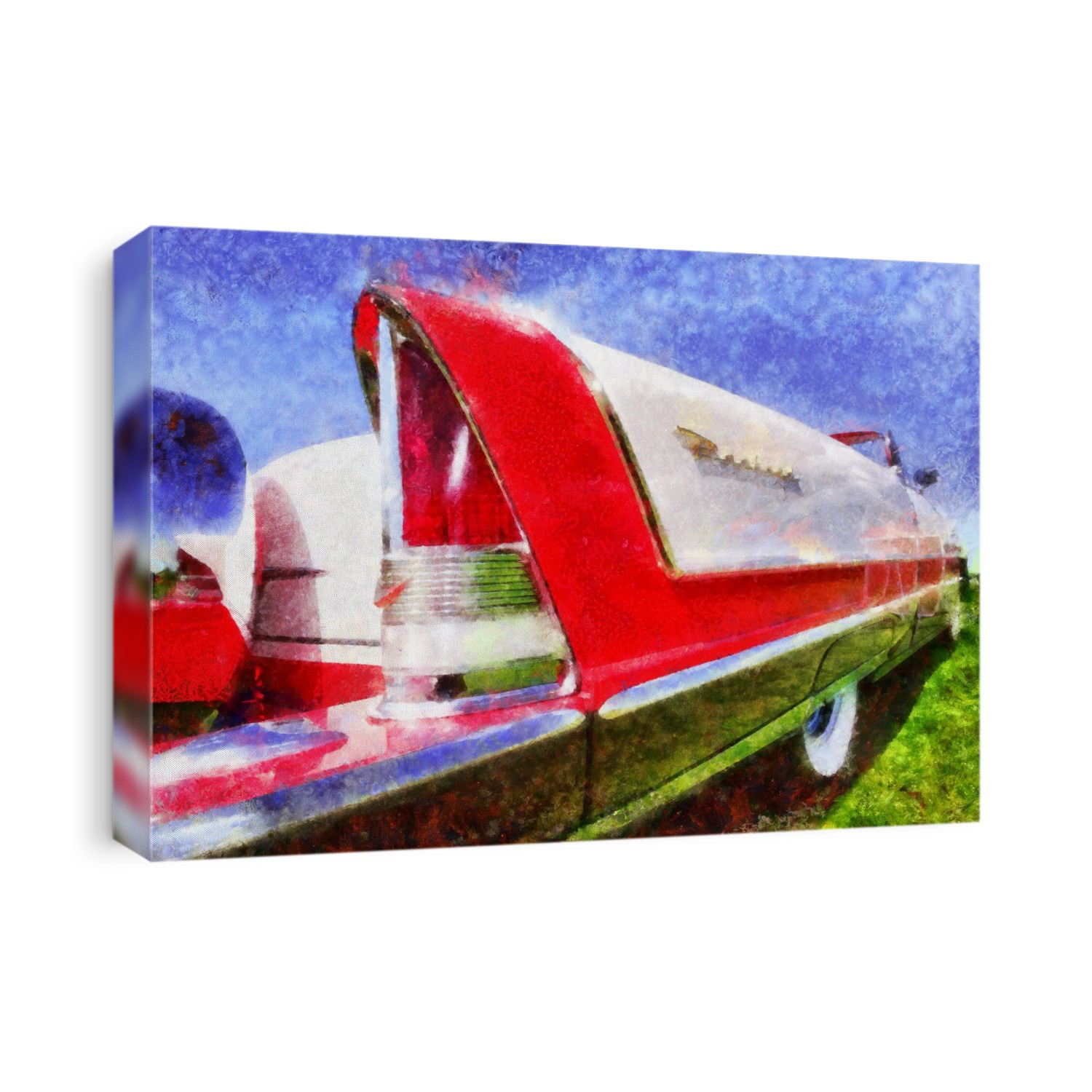 Digital painting of a red and white classic car