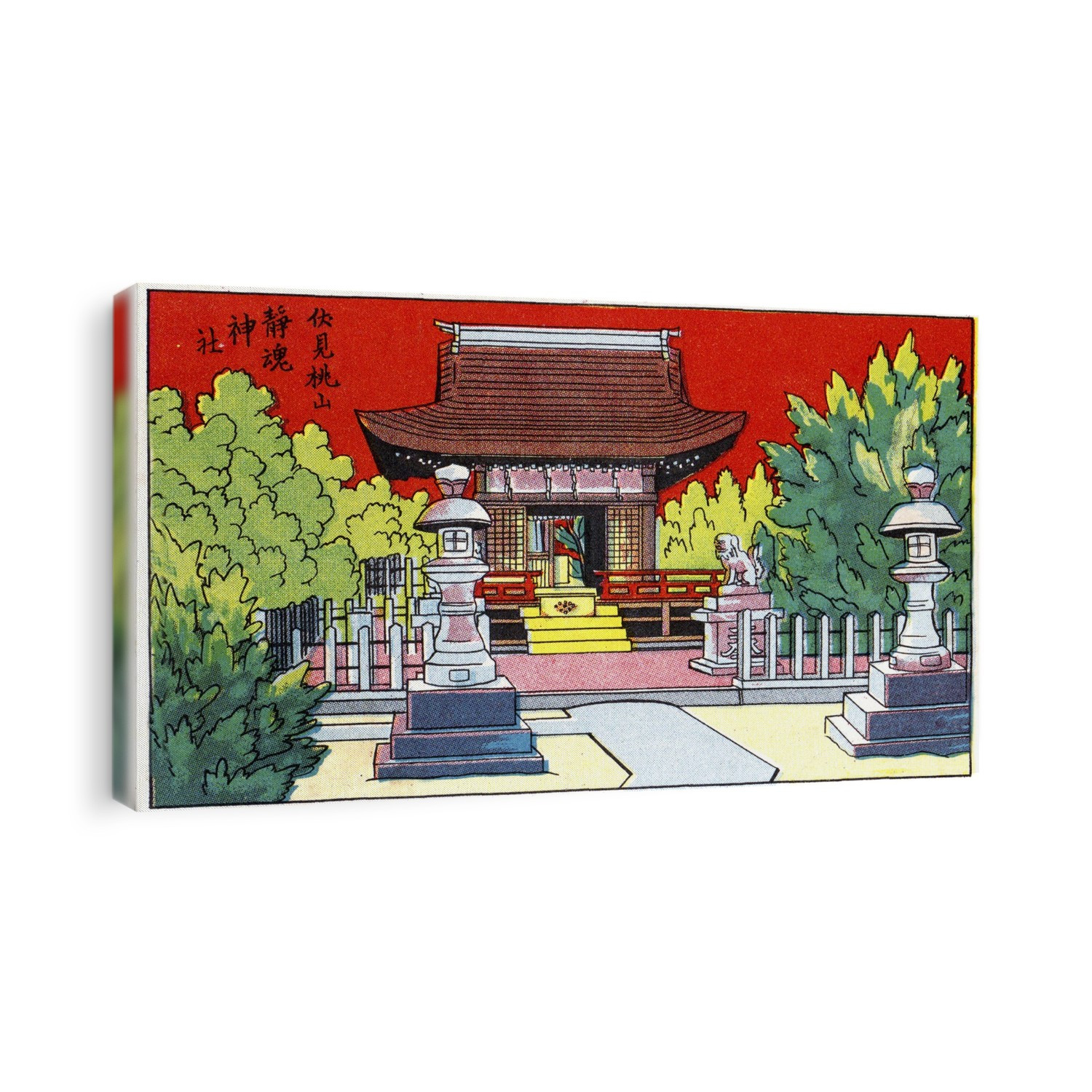 Archival graphic arts postcard of small temple in garden setting, Japan, circa 1925; Artwork