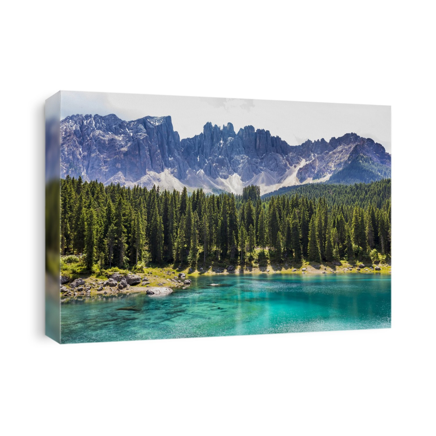 Turquoise water of Lake Karersee (Lago di Carezza) with the Dolomites in the background on a sunny day in South Tyrol, Italy