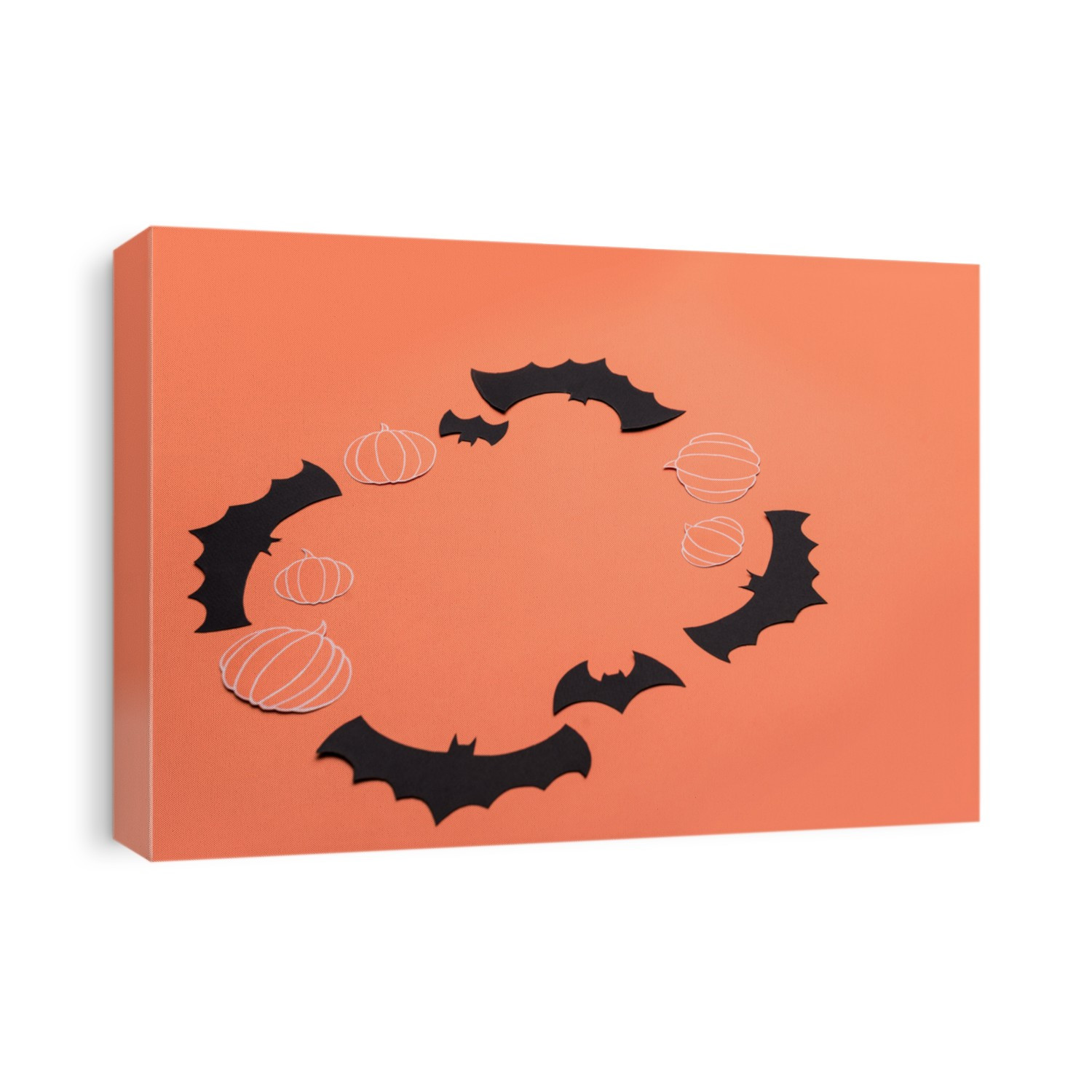 Traditional halloween symbols of black bats and pumpkins on red background. Haloween picture and frame for logo