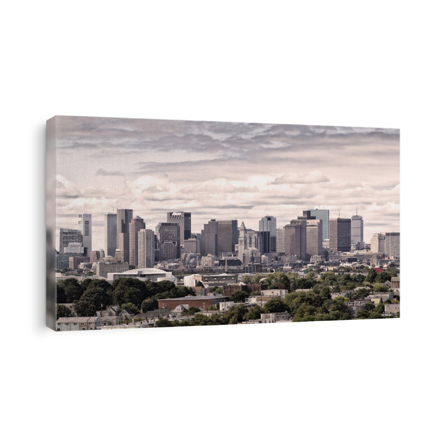 Aerial view of Boston in Massachusetts, USA. Panoramic photo showing its Financial district on the background and suburbs on the foreground.