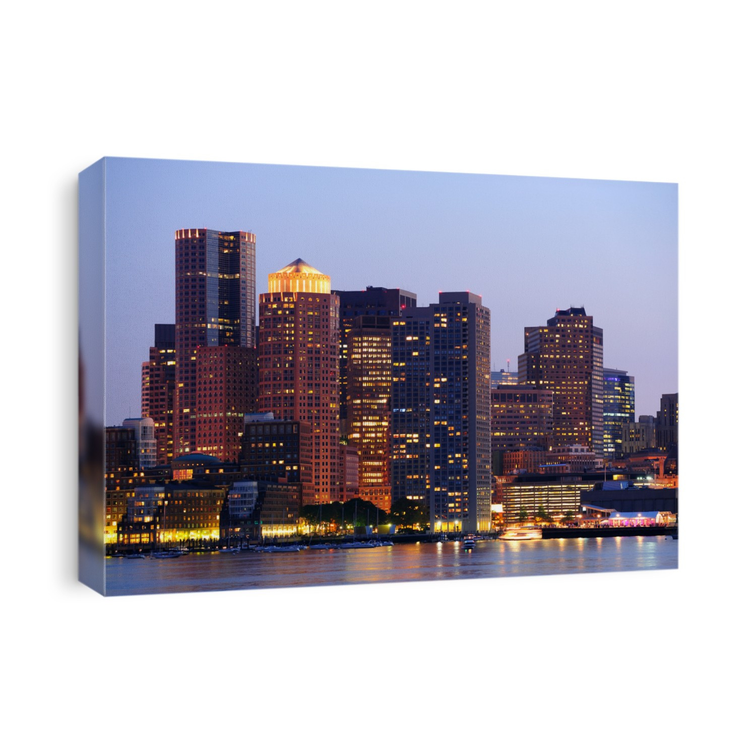 Boston downtown urban skyscrapers over water at dusk.