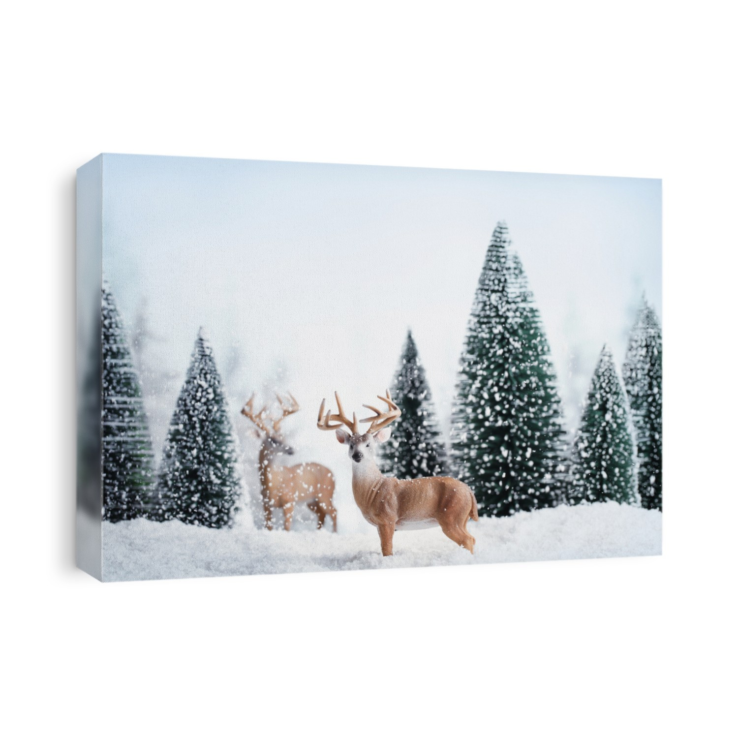 Winter landscape with deers,snow and fir tree.