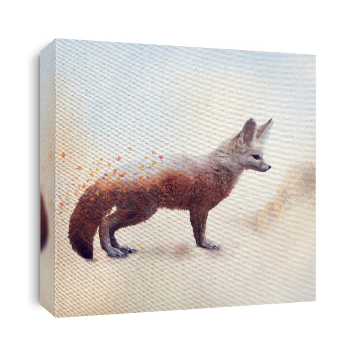 Double exposure of a Fennec Fox and autumn trees and leaves