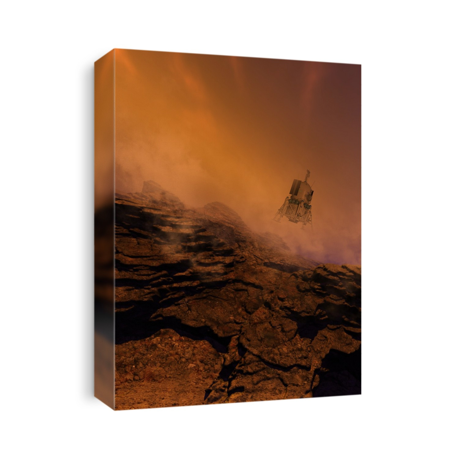 Space craft landing on planet surface, illustration.