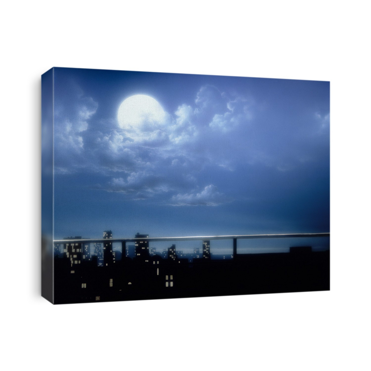 Full moon over a cityscape.