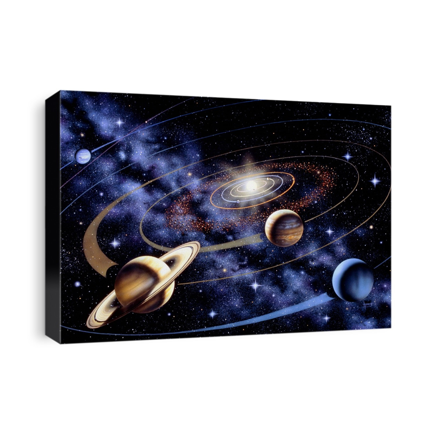 Artwork showing the planets in the solar system. At top centre the Sun is found with Mercury, the closest planet to the Sun, silhouetted onto the solar disc. The other planets, listed according to their distance from the Sun are: Venus (grey), the Earth (blue, centre), Mars (red), Jupiter (large at centre right), Saturn (bottom left with rings), Uranus (bottom right), Neptune (blue at top left) and to the right of Neptune the small disc of Pluto is found. The mean distance of Pluto from the Sun is about 5900 million kilometres. Planetary rings, once believed to be a feature only of Saturn, characterise also Jupiter, Uranus and Neptune.