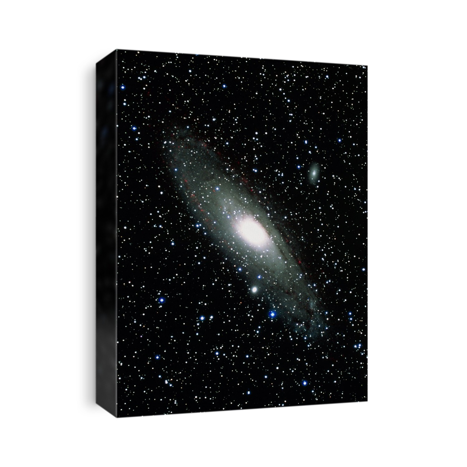 Andromeda galaxy. Enhanced optical image of the Andromeda galaxy (M31, NGC 224). This is the closest major galaxy to our own, lying around 2.2 million light years away in the constellation Andromeda. It is the largest galaxy in our local group, around 180,000 light years across. It has two satellite galaxies associated with it: M32 (bright star-like point below M31's nucleus) and NGC 205 (fainter, above and right of M31's nucleus). This image was produced by a CCD (charge-coupled device) camera, which stores images electronically rather than on film.
