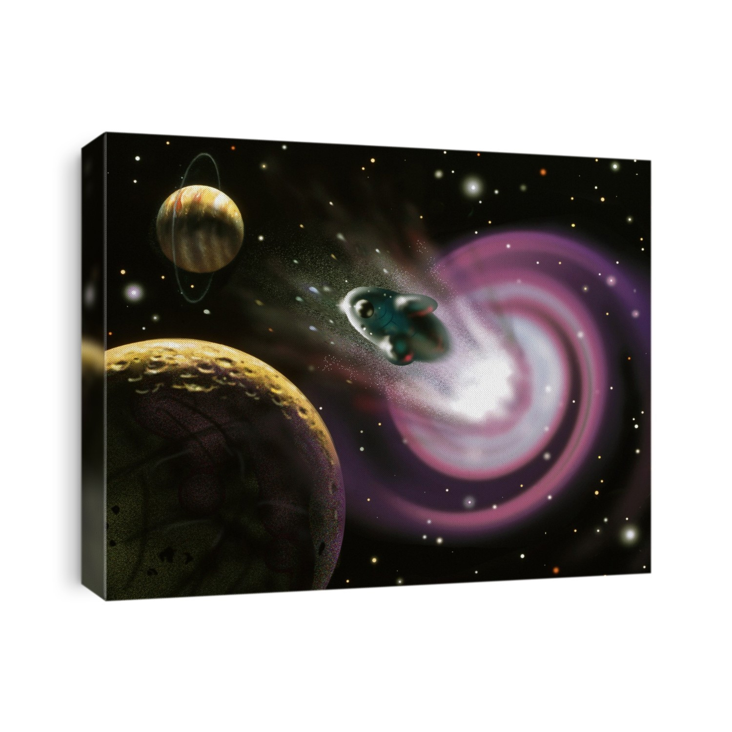 Spacecraft and wormhole. Artwork of a futuristic spacecraft leaving a wormhole near the planet Jupiter (at top left); one of the planet's moons is at lower left. Wormholes are tube-like structures that some theorists think may link black holes. These wormholes may allow rapid travel across our universe, travel to other universes or travel through time.