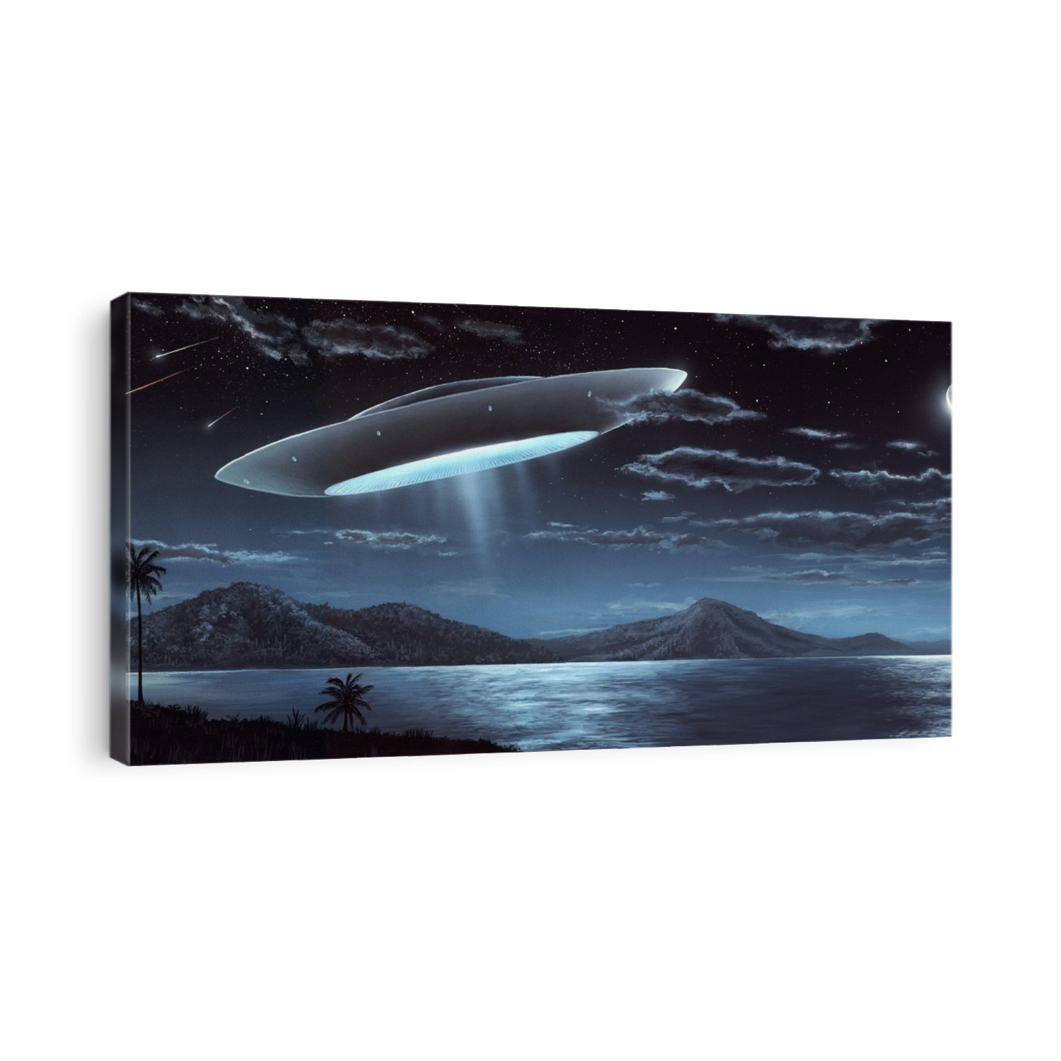 Illustration of an alien spaceship approaching a tropical location on Earth.