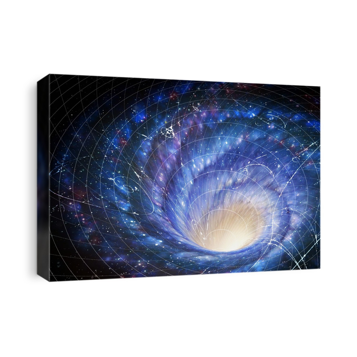 Illustration showing a galaxy as a giant whirlpool in space, and the galaxy's effect on that space. The image shows how the gravity of the galaxy warps the local space-time according to Einstein's theory of general relativity. In addition, the spin of our Galaxy has a twisting effect on our local space that is a million times stronger than that caused by the spin of the Earth - a phenomenon known as frame-dragging. Tracks from a cloud chamber are superimposed