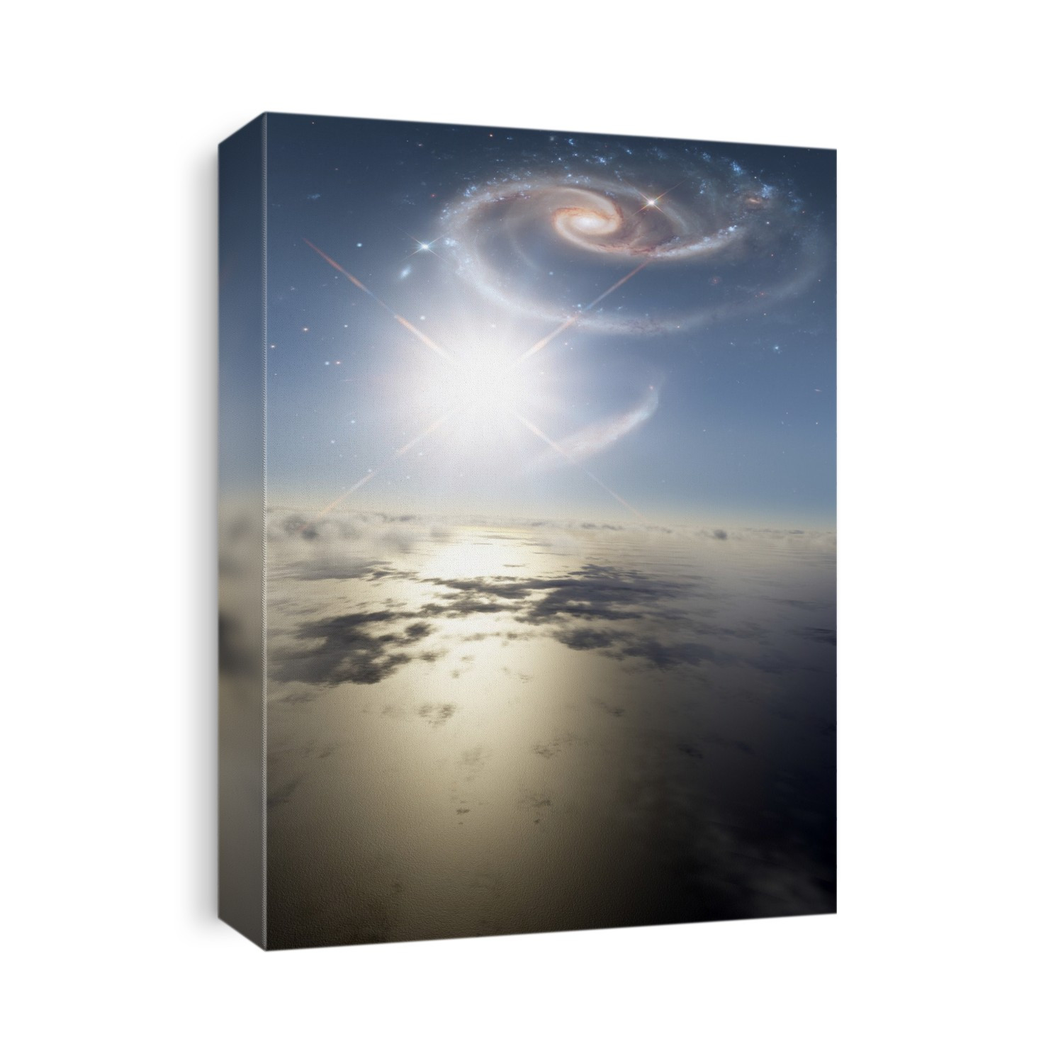 Alien planet and supernova. Computer illustration of a view across the outer atmosphere of an alien planet with a spiral galaxy (top) and a star going supernova in the distance. A supernova is an exploding star whose energy briefly outshines an entire galaxy.