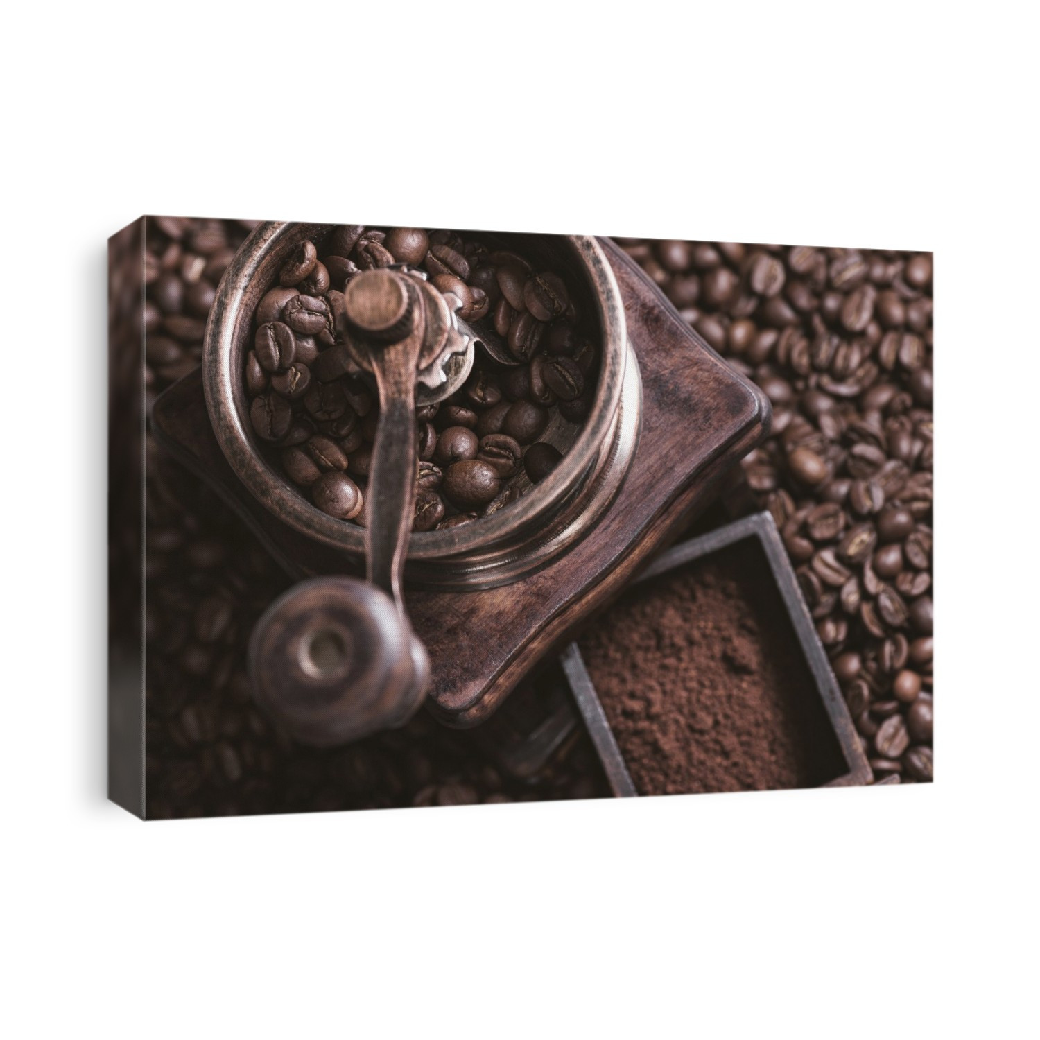 Coffee beans and grinder, high angle.
